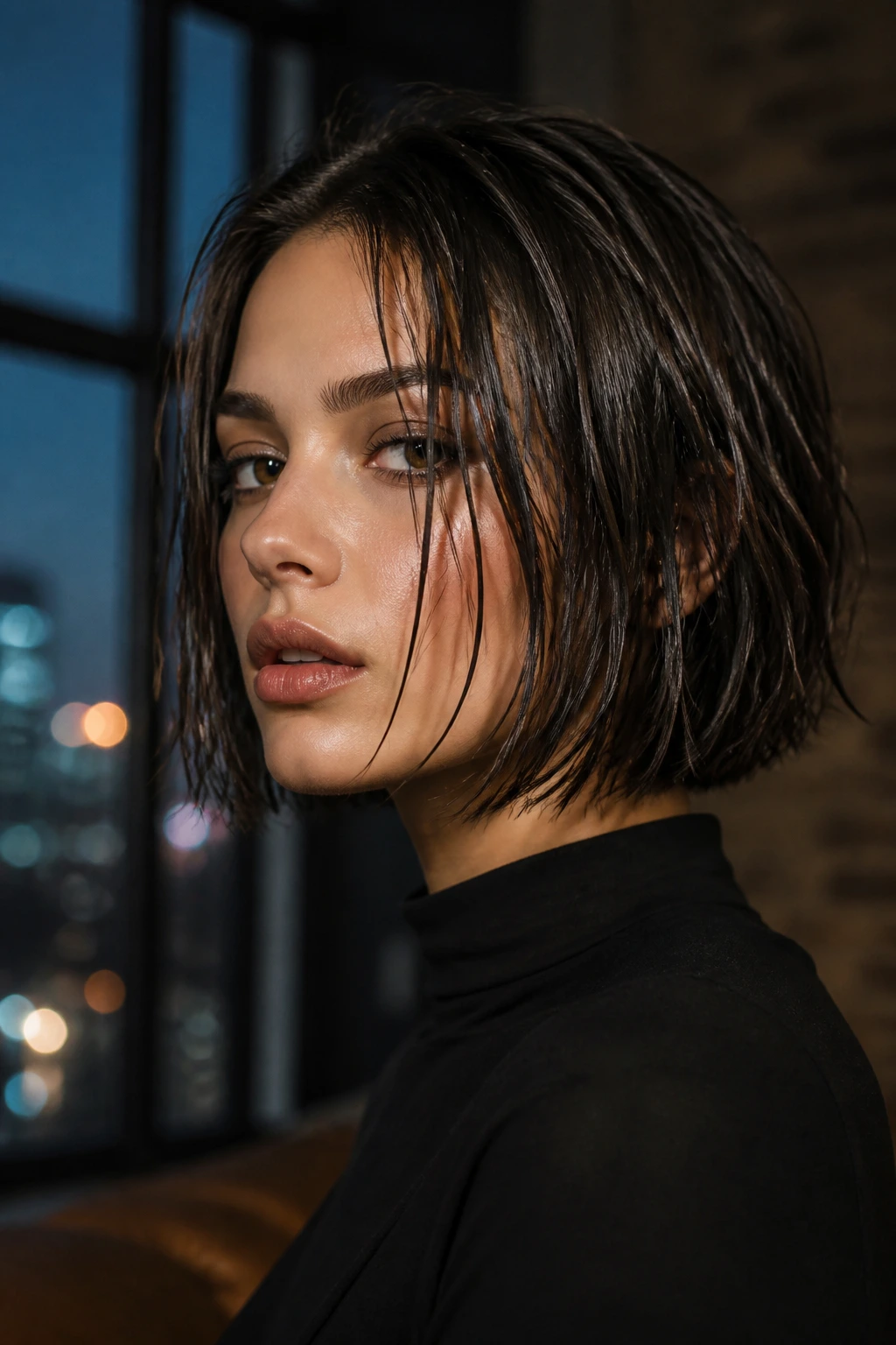Portrait of a woman with wet-look choppy bob and sleek separation in moody urban loft lighting