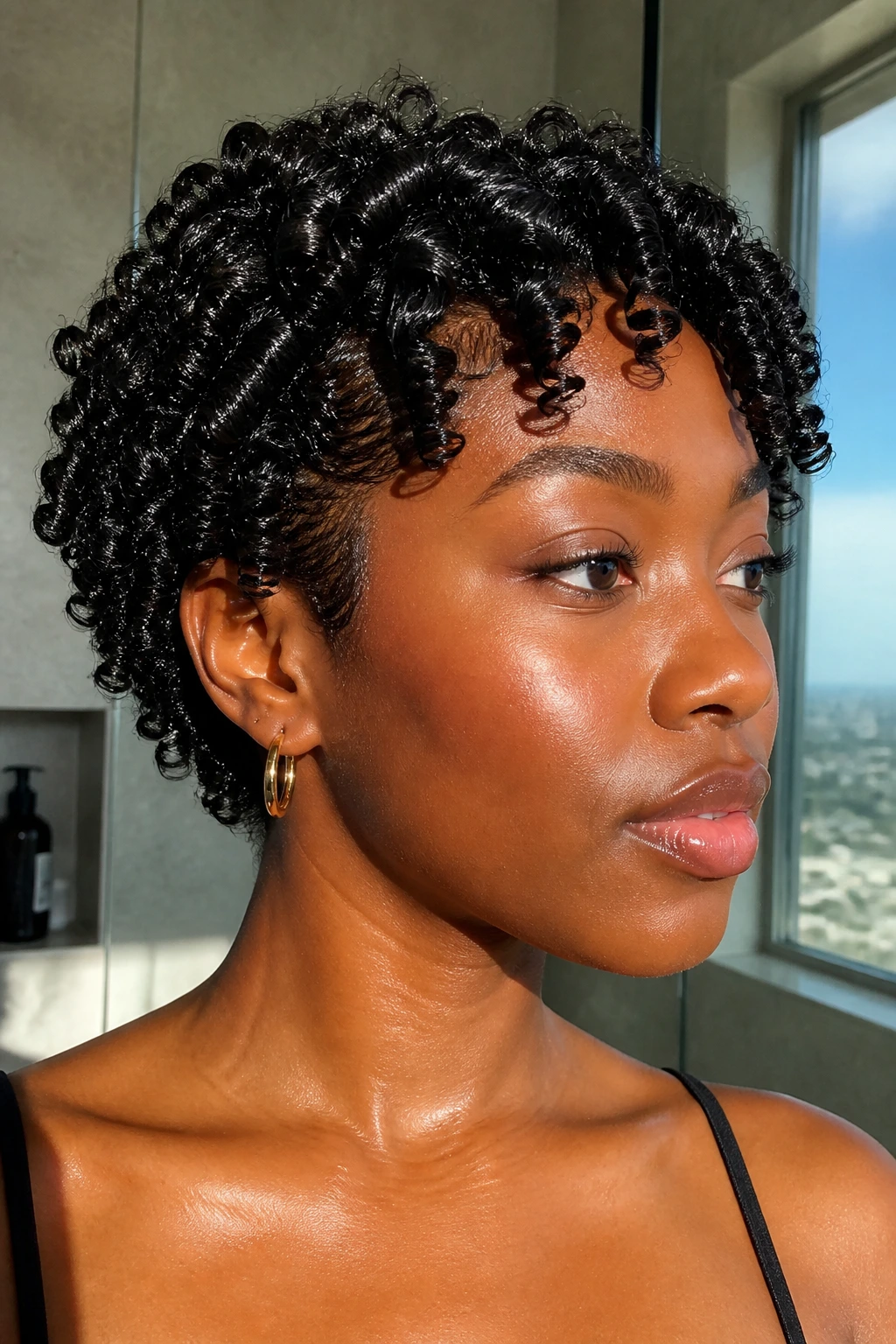 Close-up of wet-look gel coils on a real person