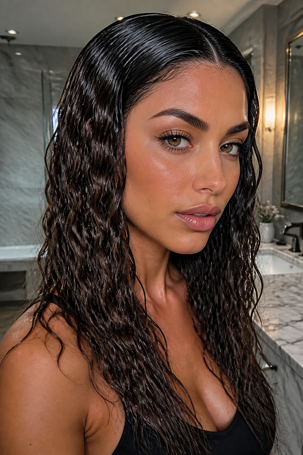 Real woman with wet-look crimp under soft bathroom lighting