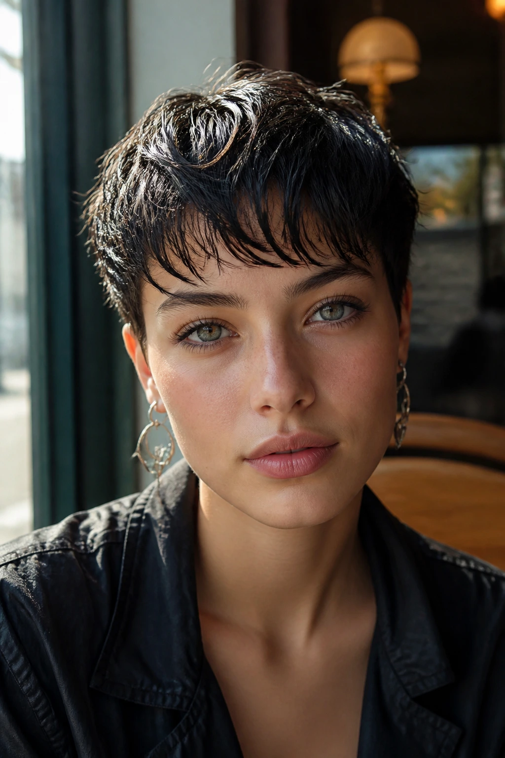 Tousled Wet-Look Crop close-up portrait with glossy damp hair