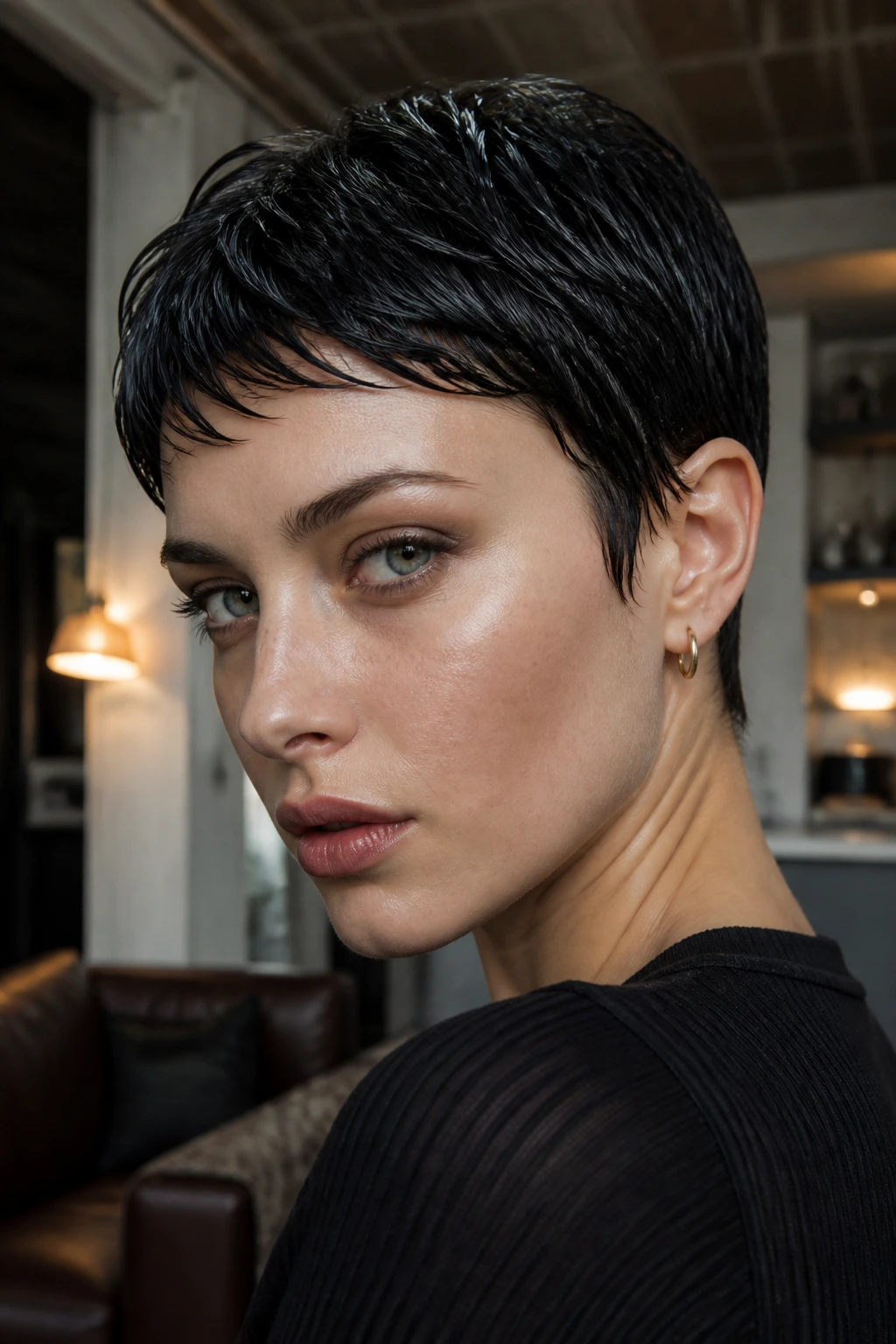Close-up of a real woman with a wet-look short crop and glossy finish.