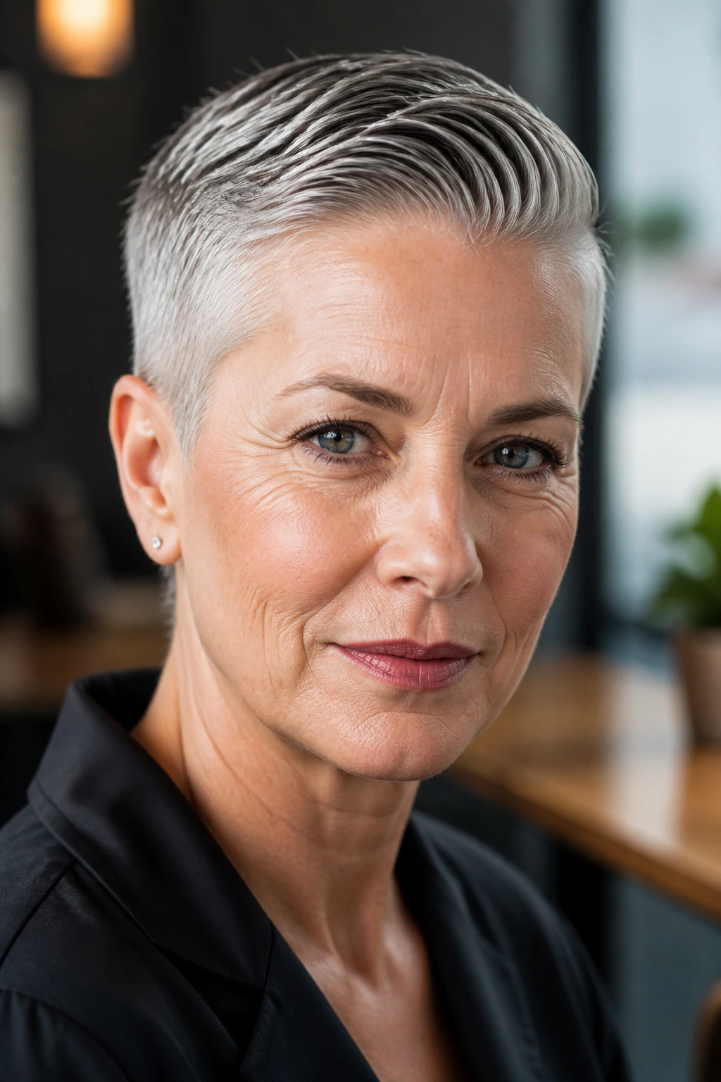 Close-up of a real person with a glossy wet-look gray crop