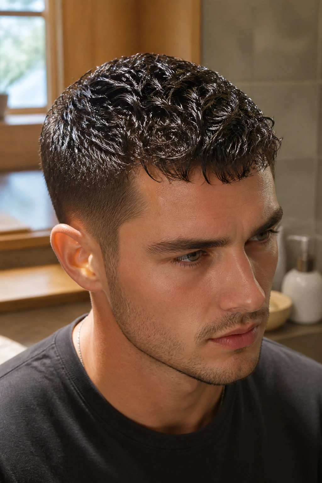 Close-up of a real person with a glossy wet-look sculpted crop hairstyle