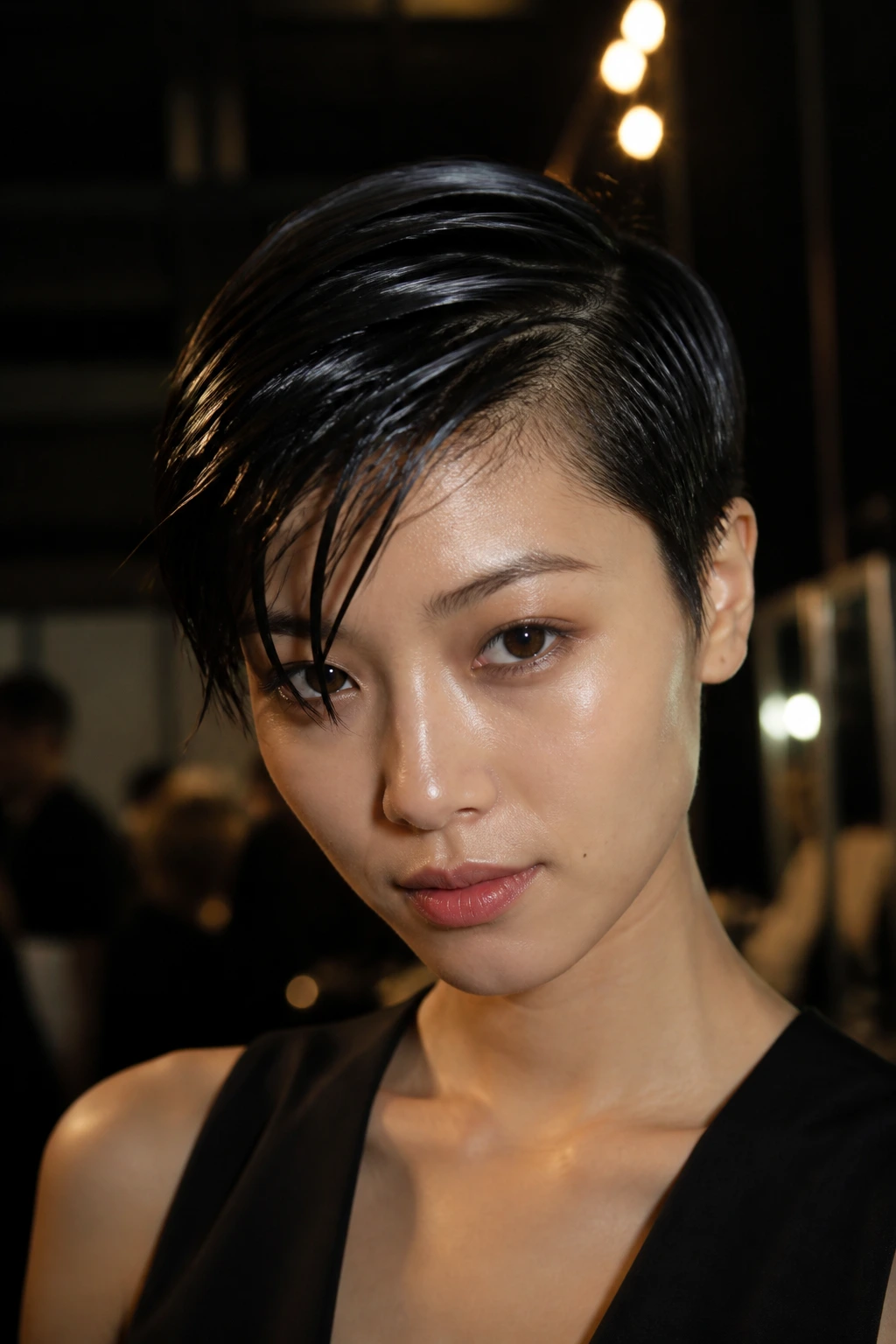 Portrait of real woman with wet-look side-swept crop and glossy finish
