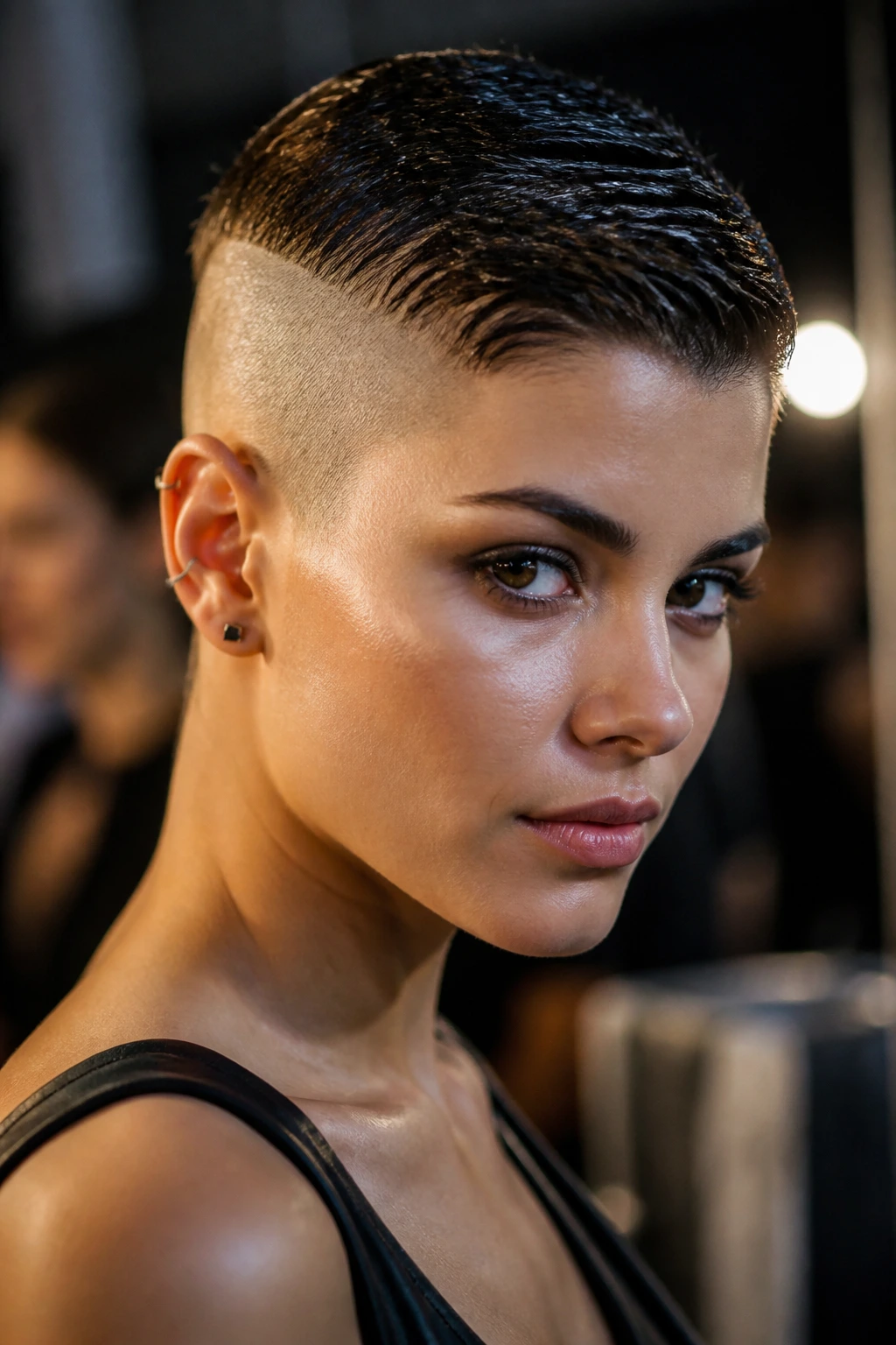 Close-up portrait of a woman with a wet-look cropped hairstyle and shaved side.