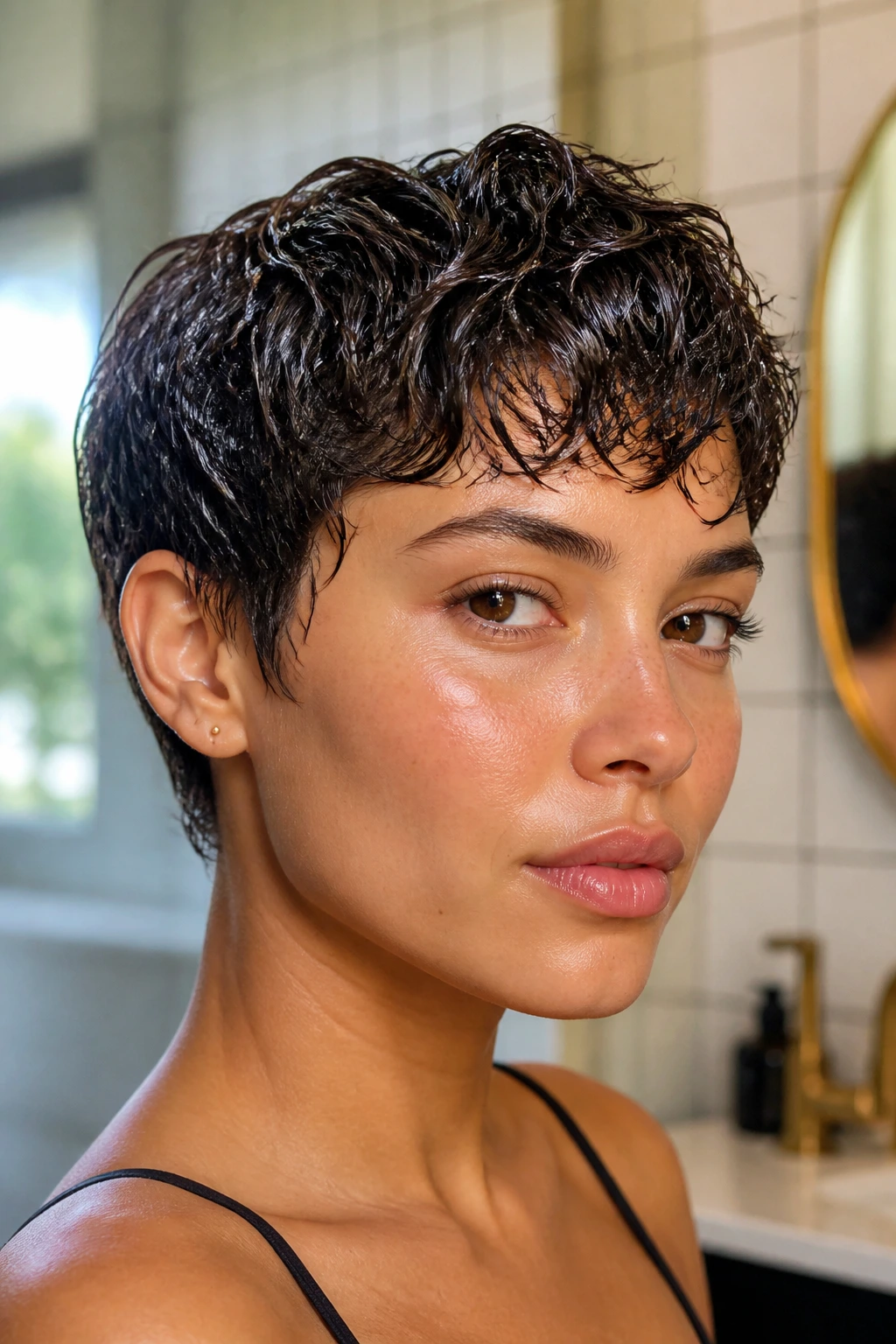 Close-up of a woman with a glossy wet-look short crop hairstyle