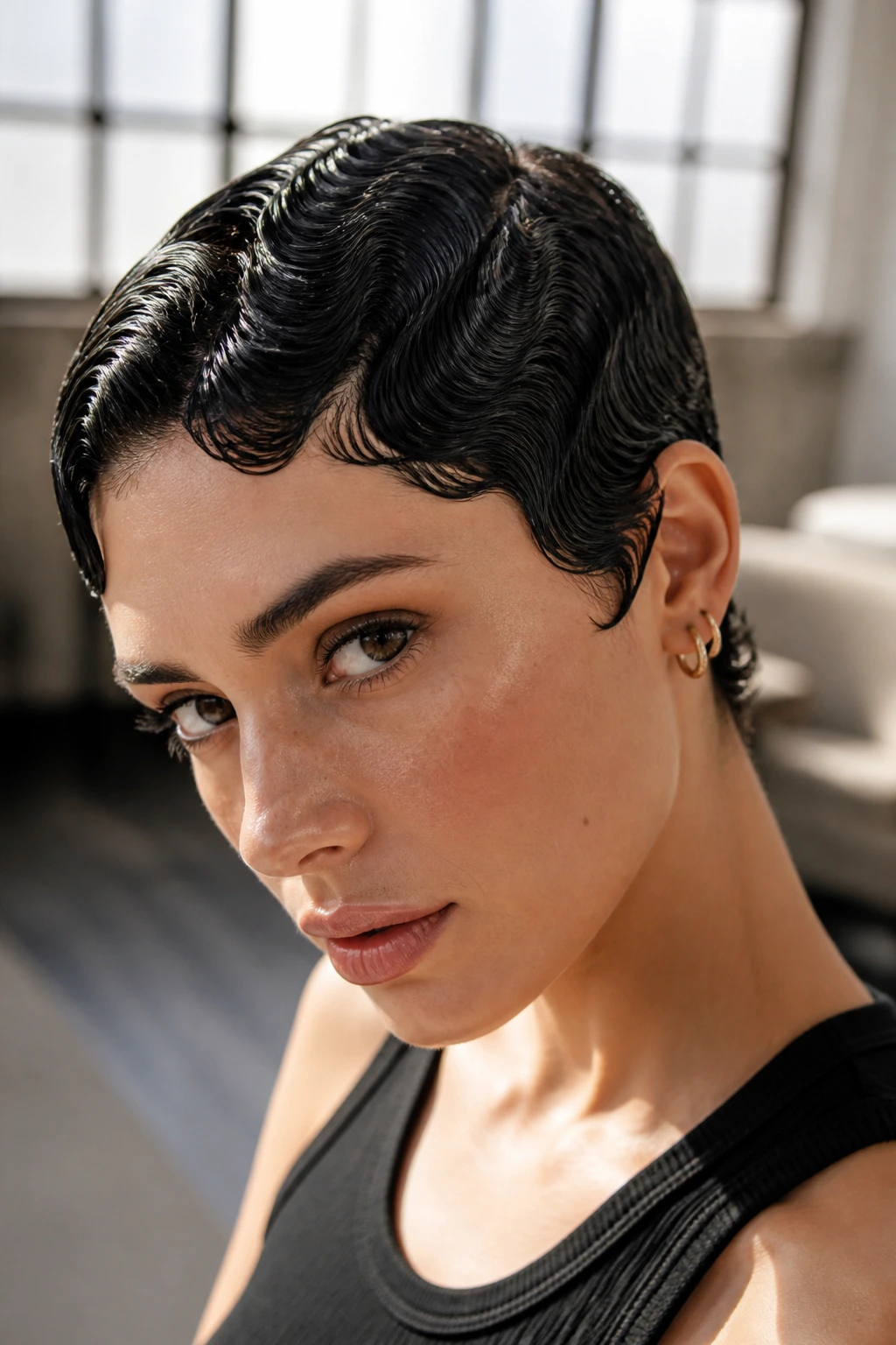 Portrait of real person with a wet-look sculpted wave crop
