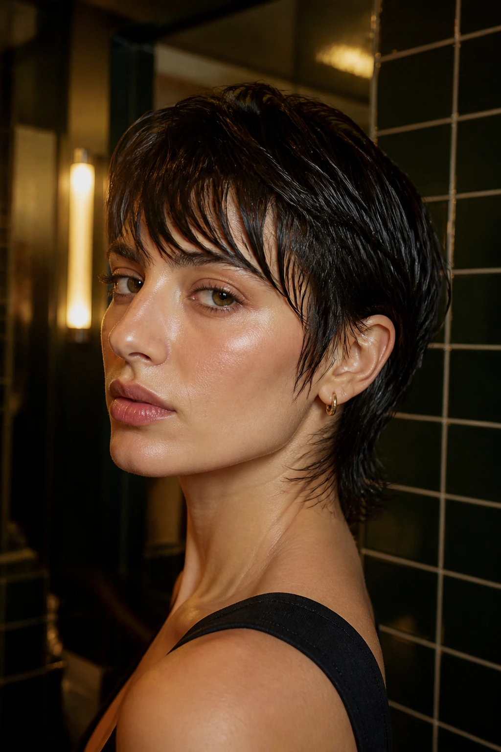 Close-up of a real woman with a glossy wet-look crop in a warm dim bathroom.