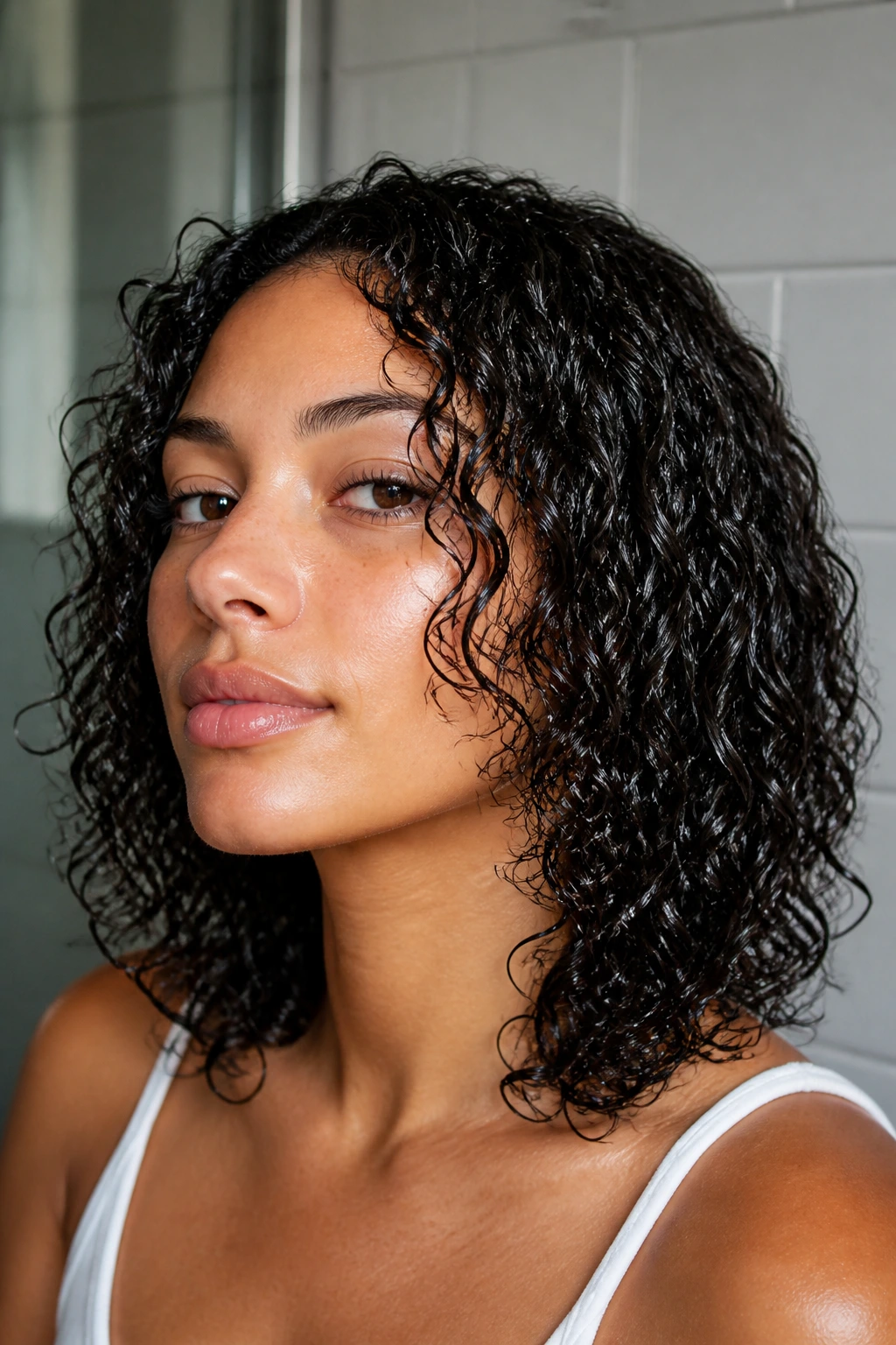 Close-up of a real woman with glossy wet-look defined curls at shoulder length.