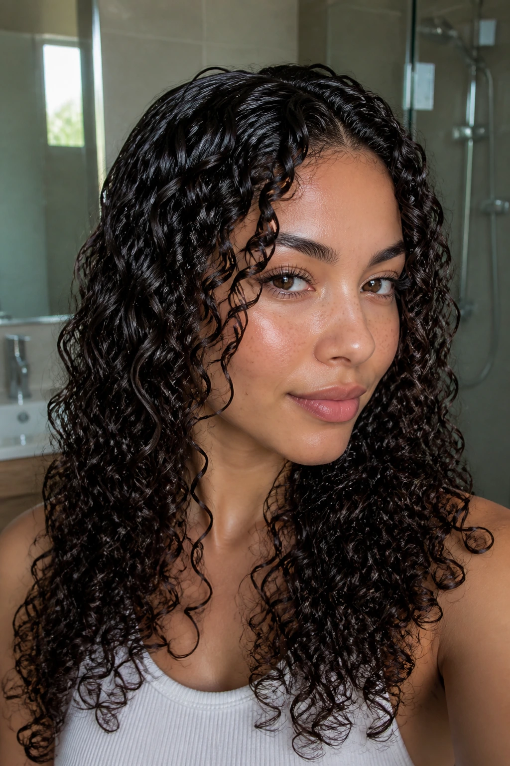 Close-up of a real woman with glossy wet-look defined curls