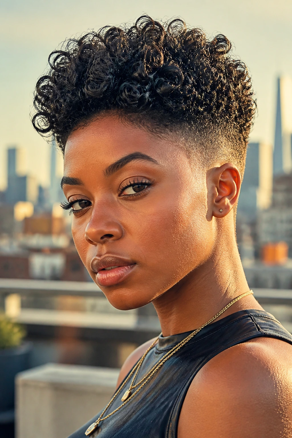 Close-up of a person with wet-look curls on a high top fade on a rooftop.