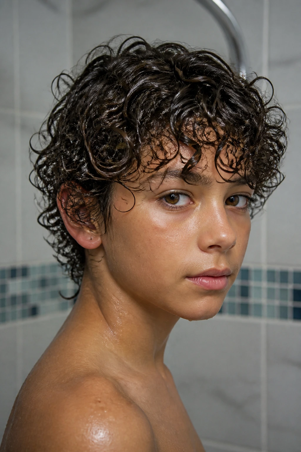 Close-up of a real person with wet-look defined curls after styling.