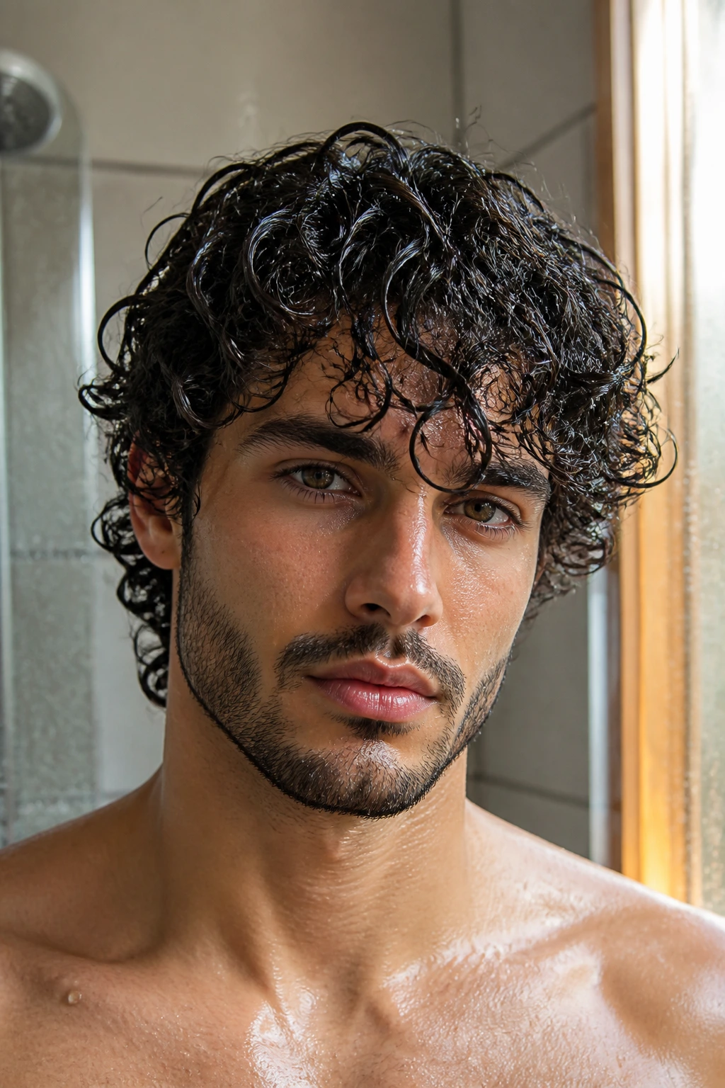Close-up of a man with wet-look defined curls in a bathroom