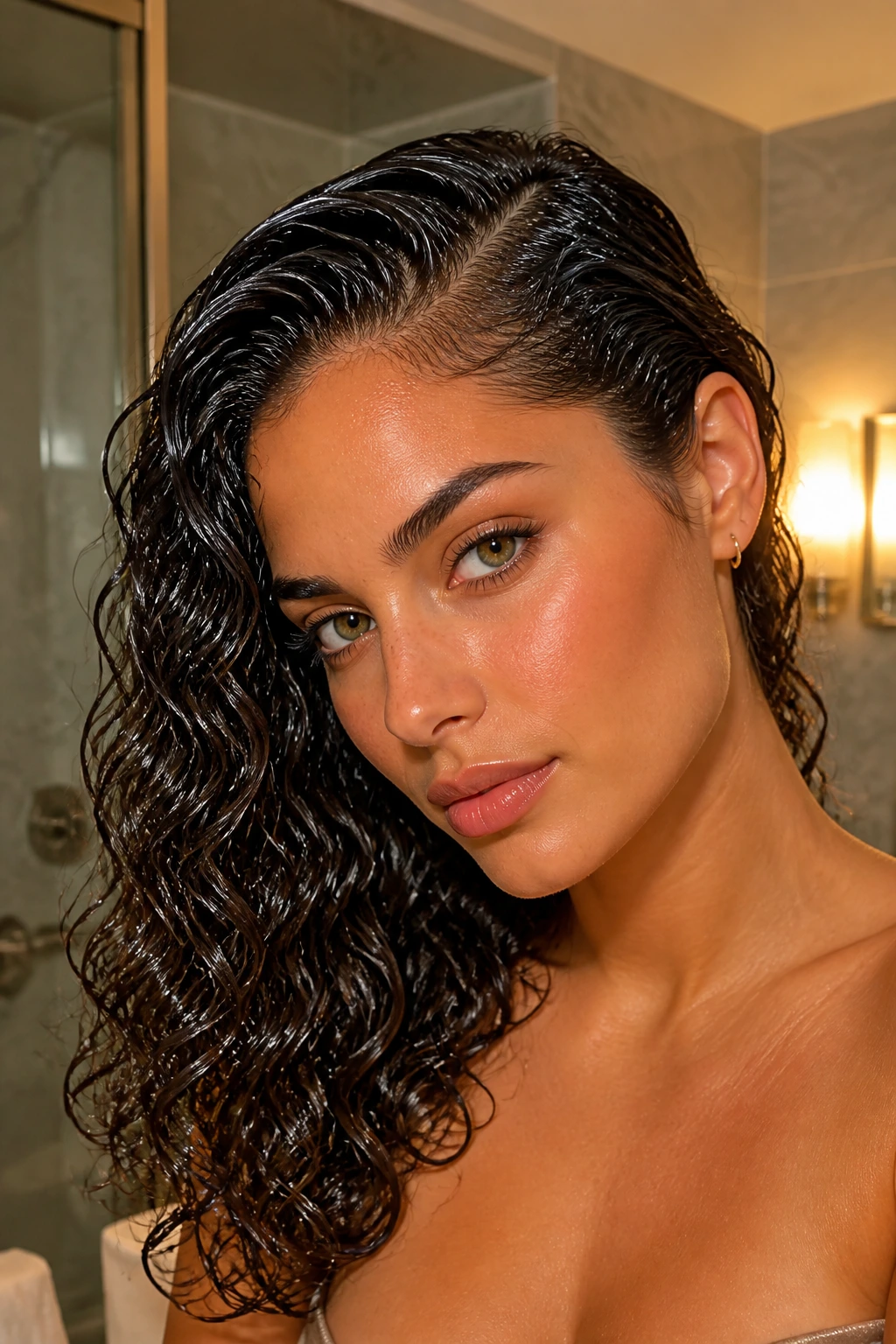 Real person with wet-look curly hair swept to the side and glossy shine.