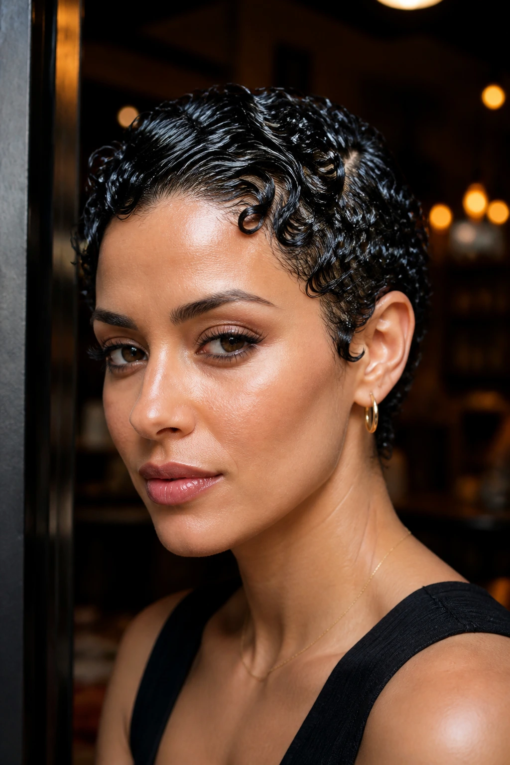 Close-up of a real woman with wet-look glossy short curls.