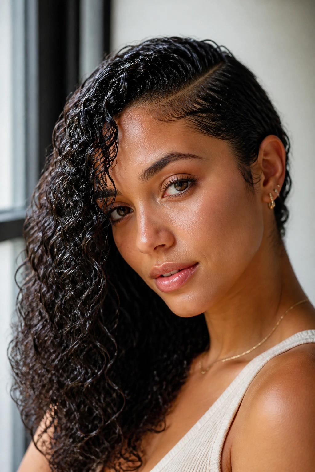 Close-up of glossy side-swept curls in a wet-look style