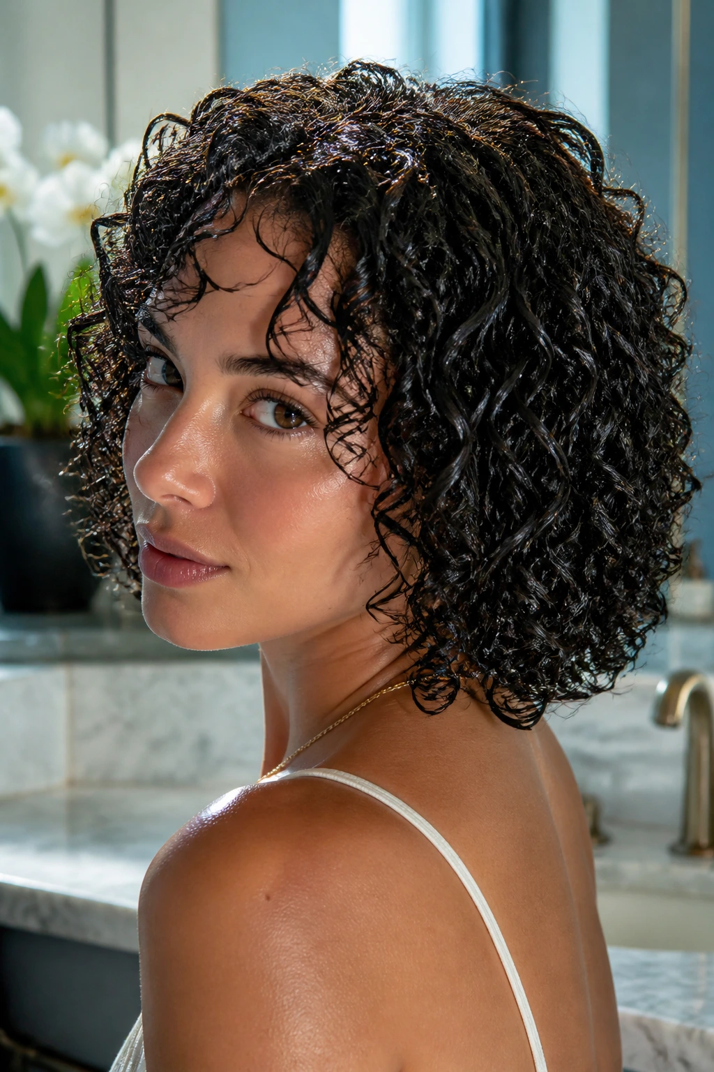 Close-up of a real woman with a wet-look curly hairstyle in a modern bathroom
