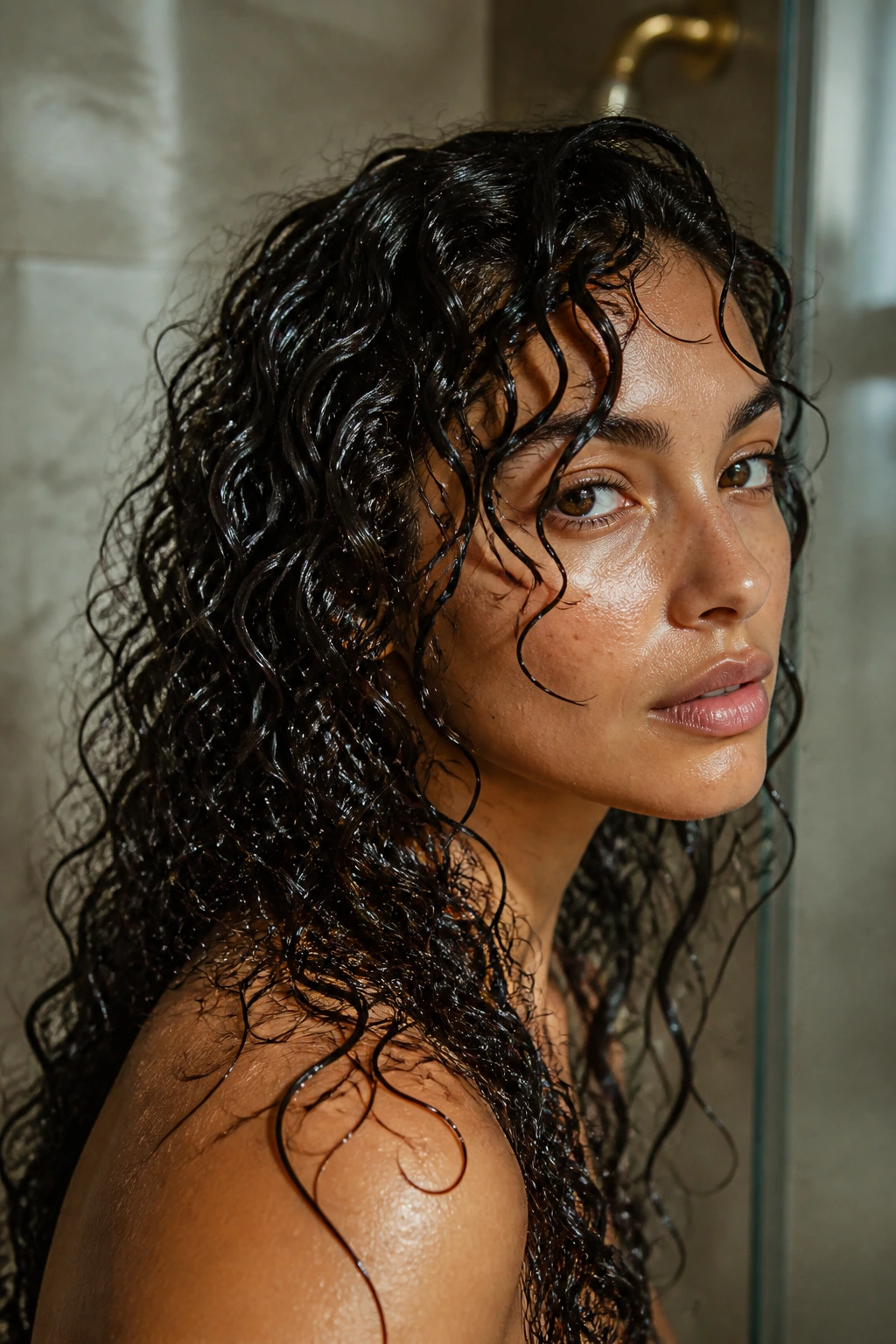 Close-up of a real woman with wet-look defined curls.