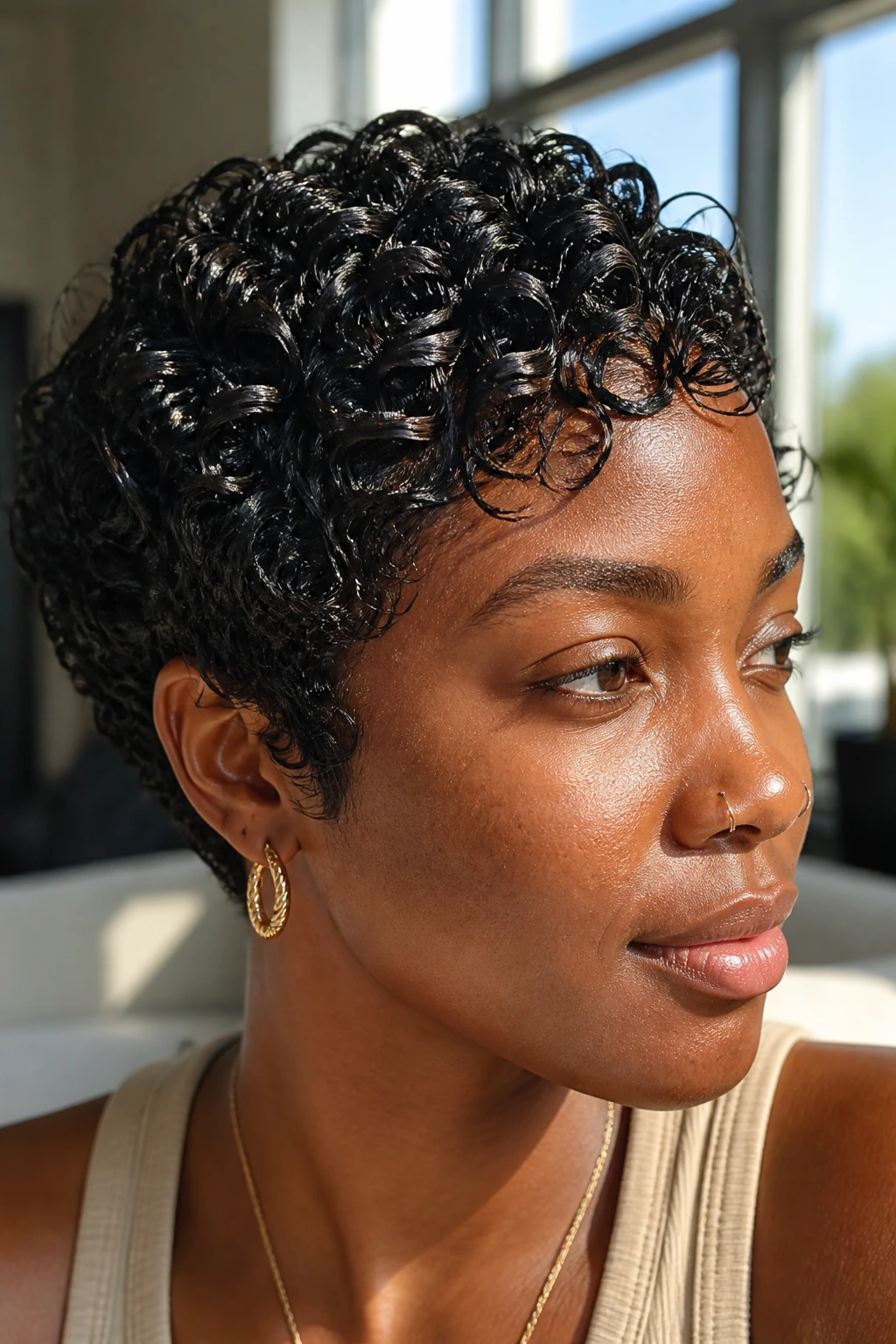 Close-up of glossy, defined curls on a real Black woman in a bright room.
