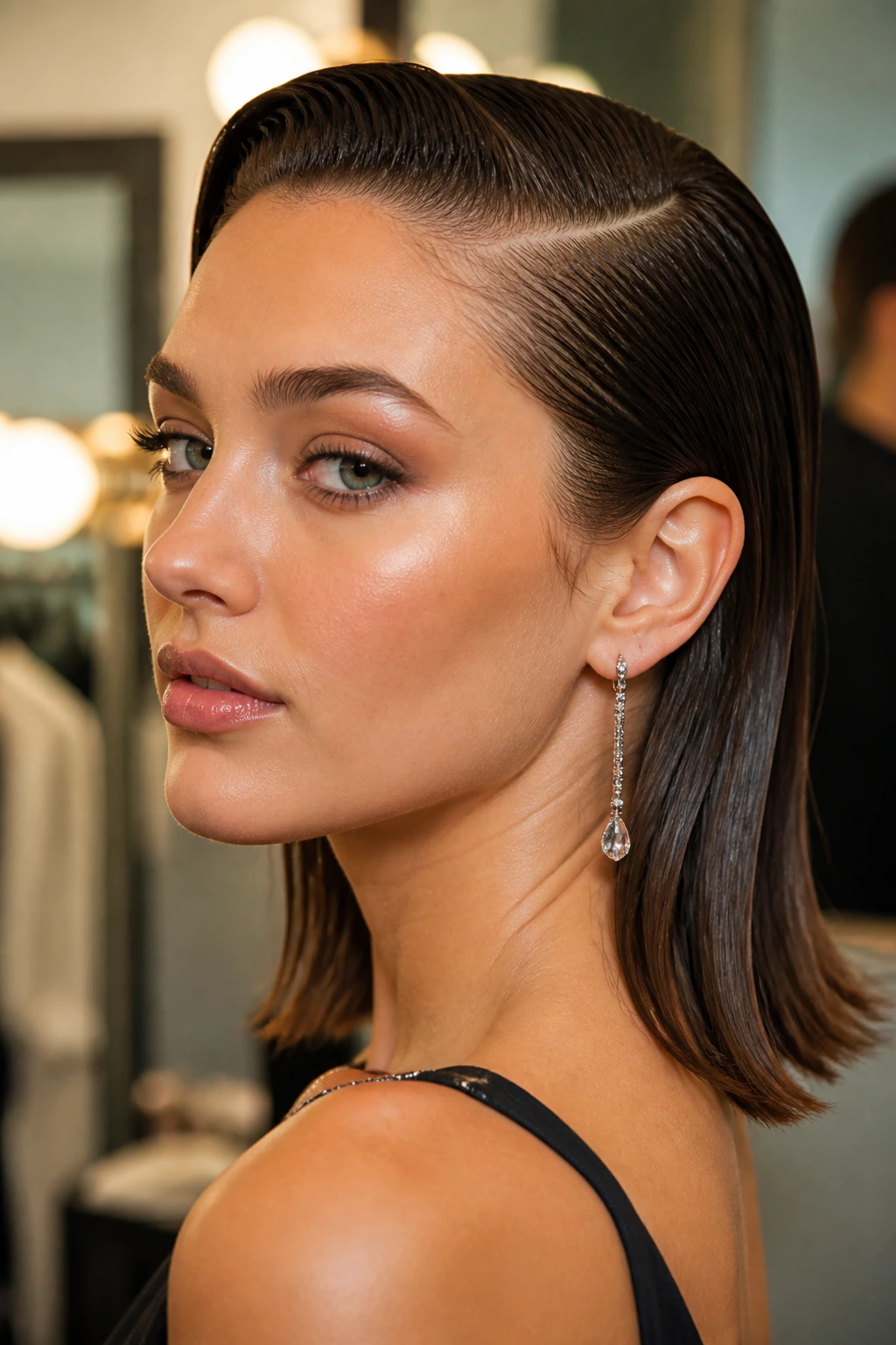 Close-up of a real woman with Sleek Wet-Look Tuck Behind One Ear hairstyle