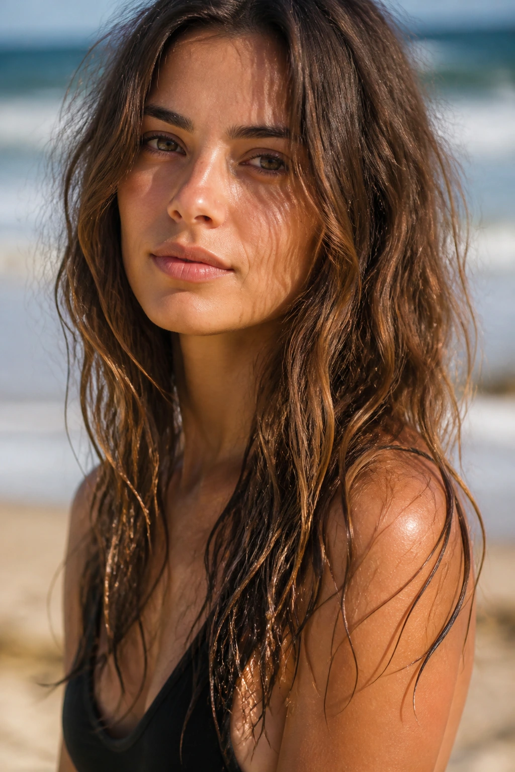 Portrait of woman with wet-look ends in beach waves