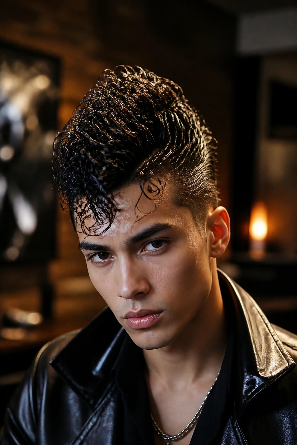 Real person with wet-look night hawk in moody urban lighting