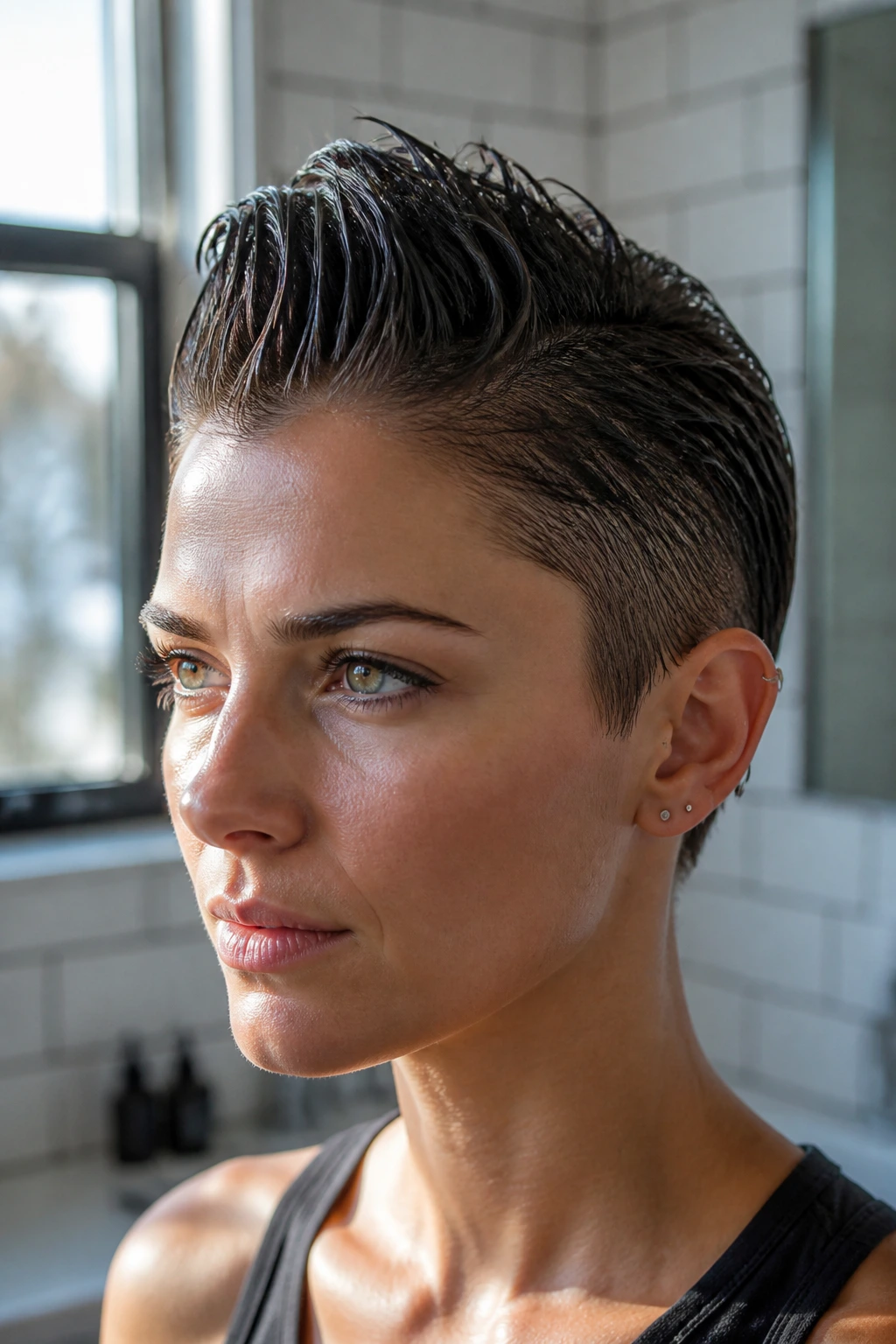 Close-up of a real person with a glossy wet-look faux hawk and damp sides.