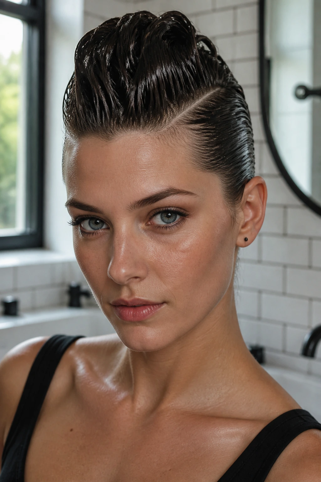 Close-up portrait of a real person with a glossy wet-finish faux hawk.