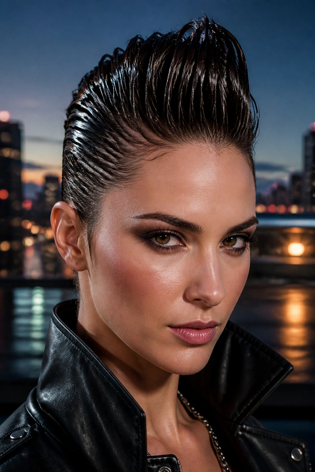 Close-up portrait of a real woman with a wet-look faux hawk under rooftop dusk lighting