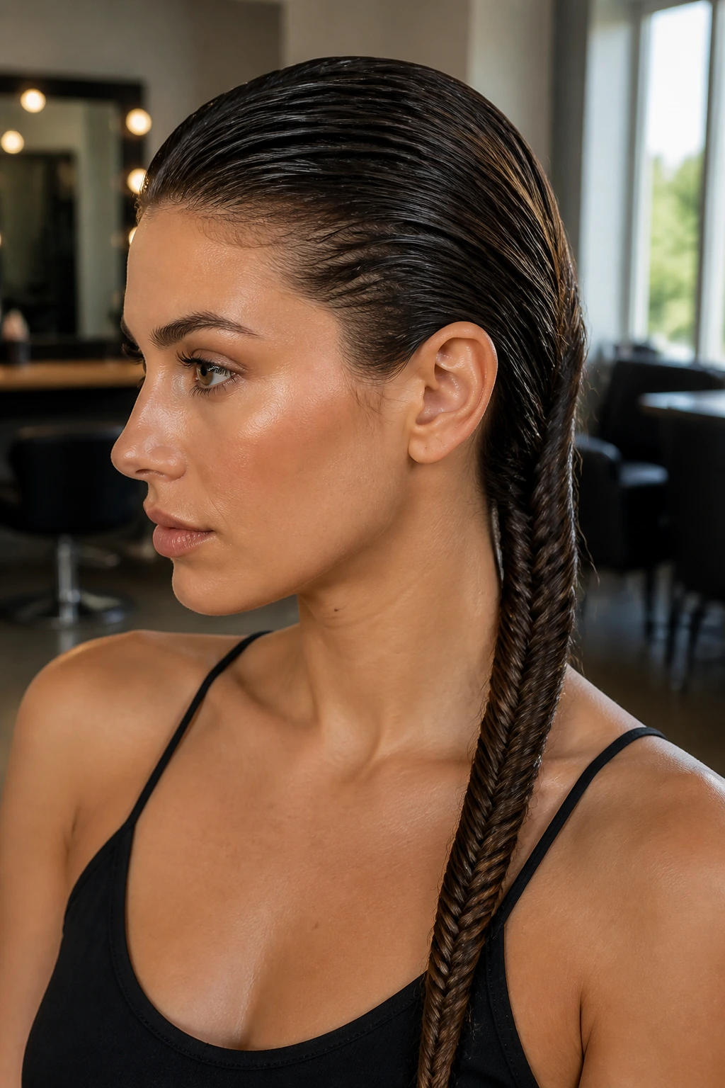 Close-up of a real person with a wet-look fishtail braid in a chic salon.