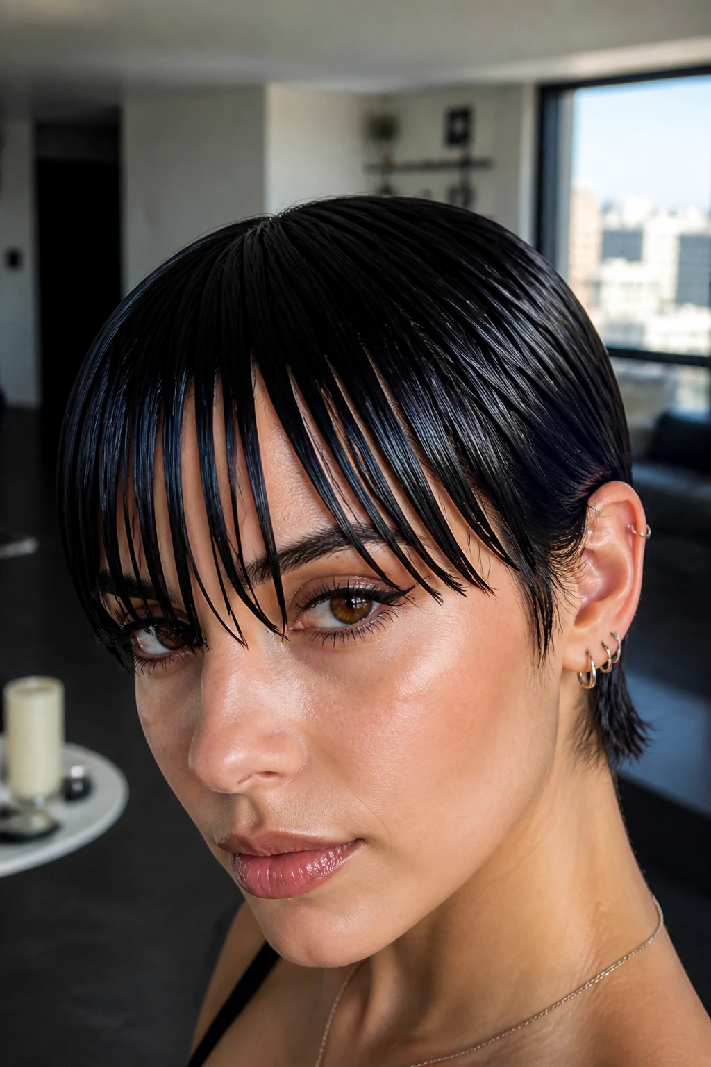 Close-up of a real person with glossy wet-look fringe on short dark hair in a bright apartment
