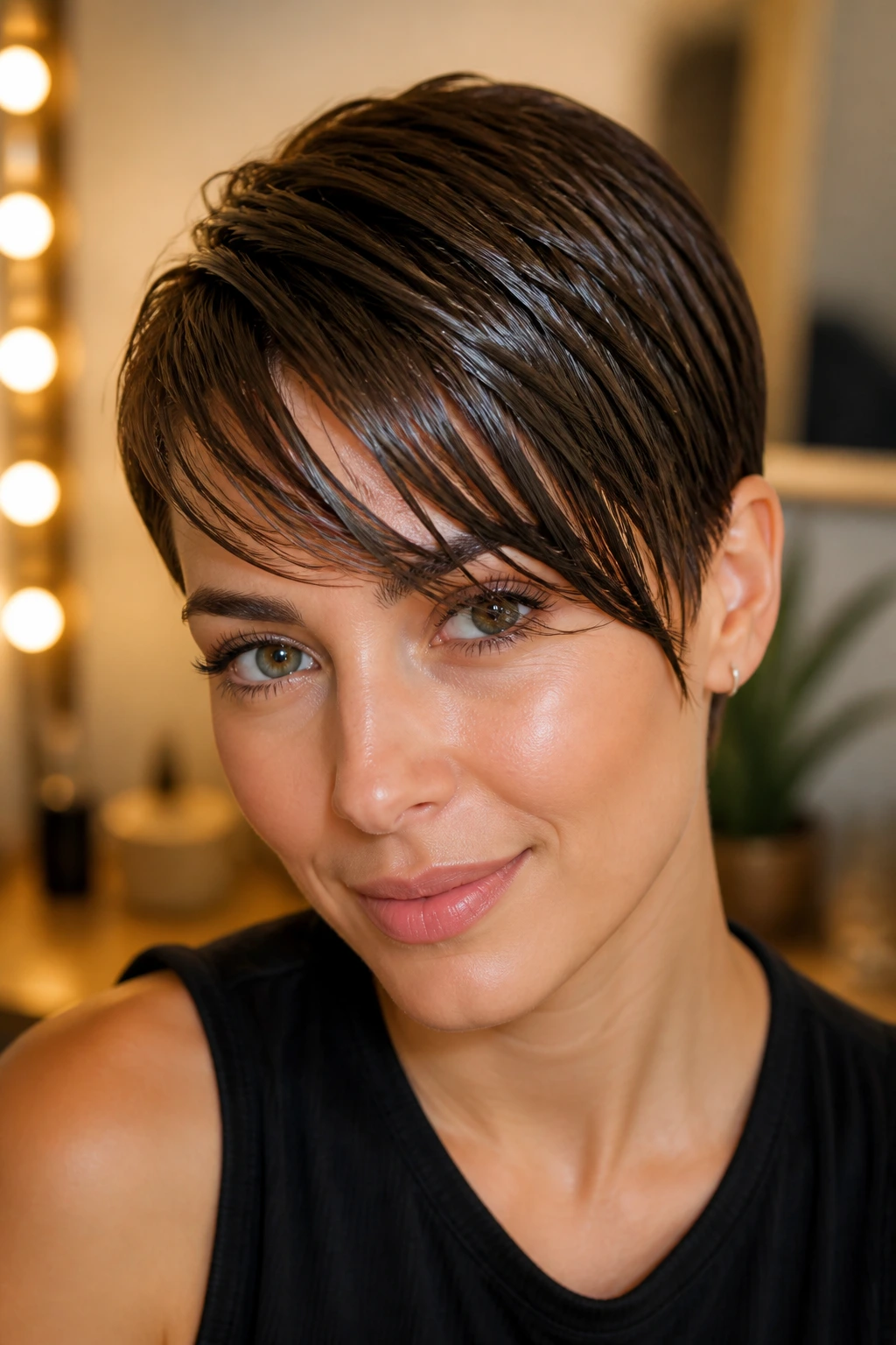Close-up of a real woman with a glossy wet-look side fringe.