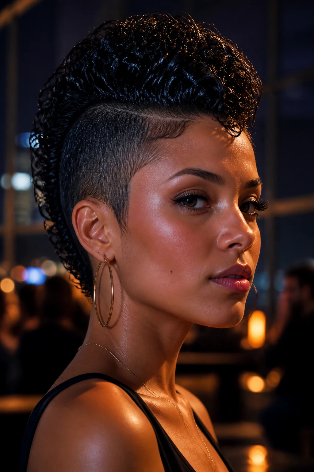 Real person with wet-look frohawk and glossy curls under city lights