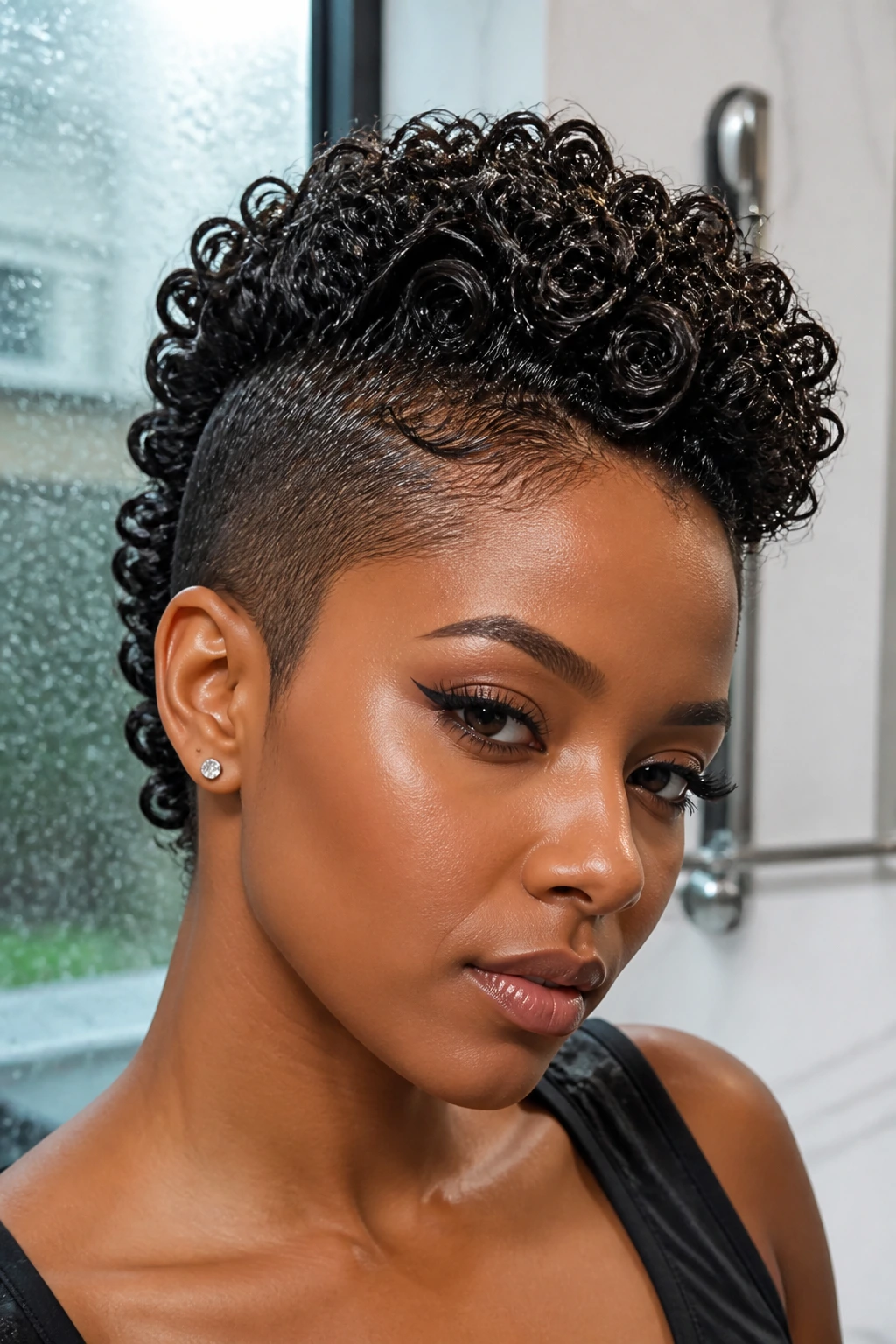 Close-up portrait of a real person with a glossy wet-look frohawk in a modern room