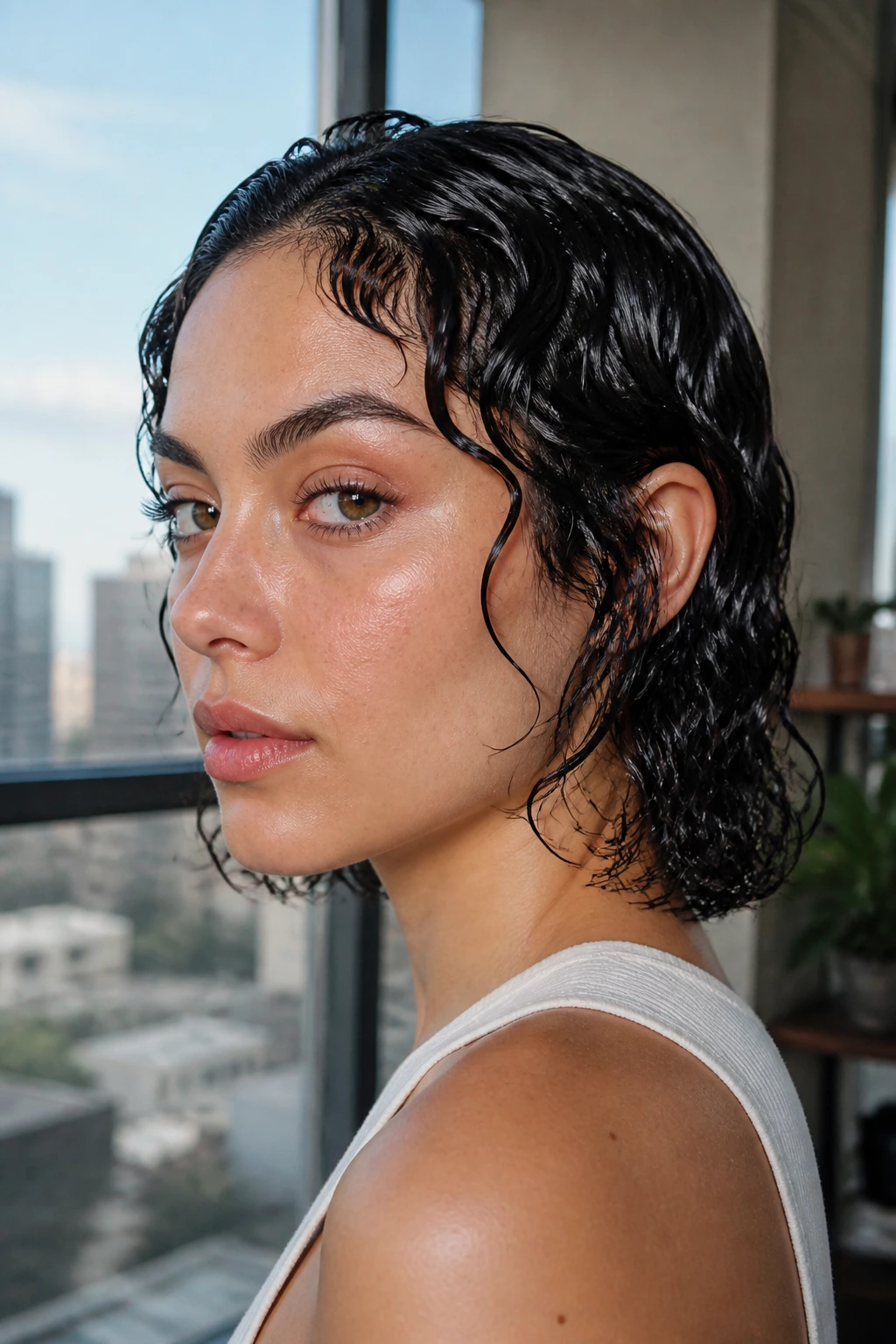Close-up of a real woman with glossy wet-look gel waves