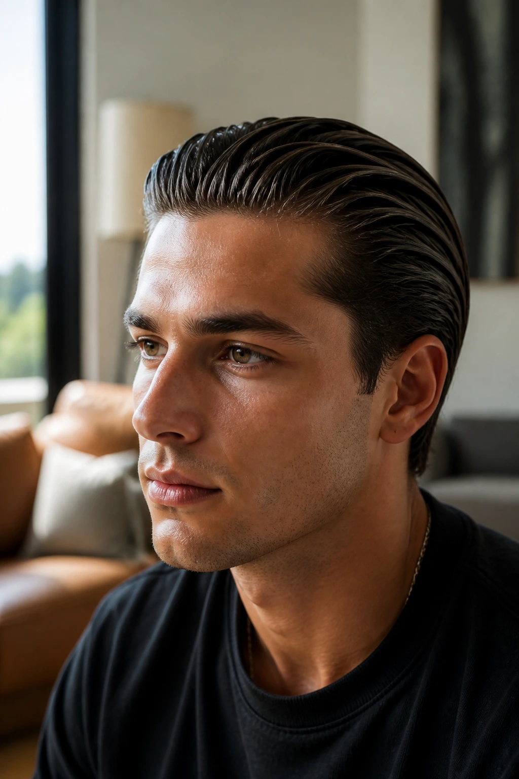 Close-up of a real person with a glossy wet-look slicked-back thick hair hairstyle.