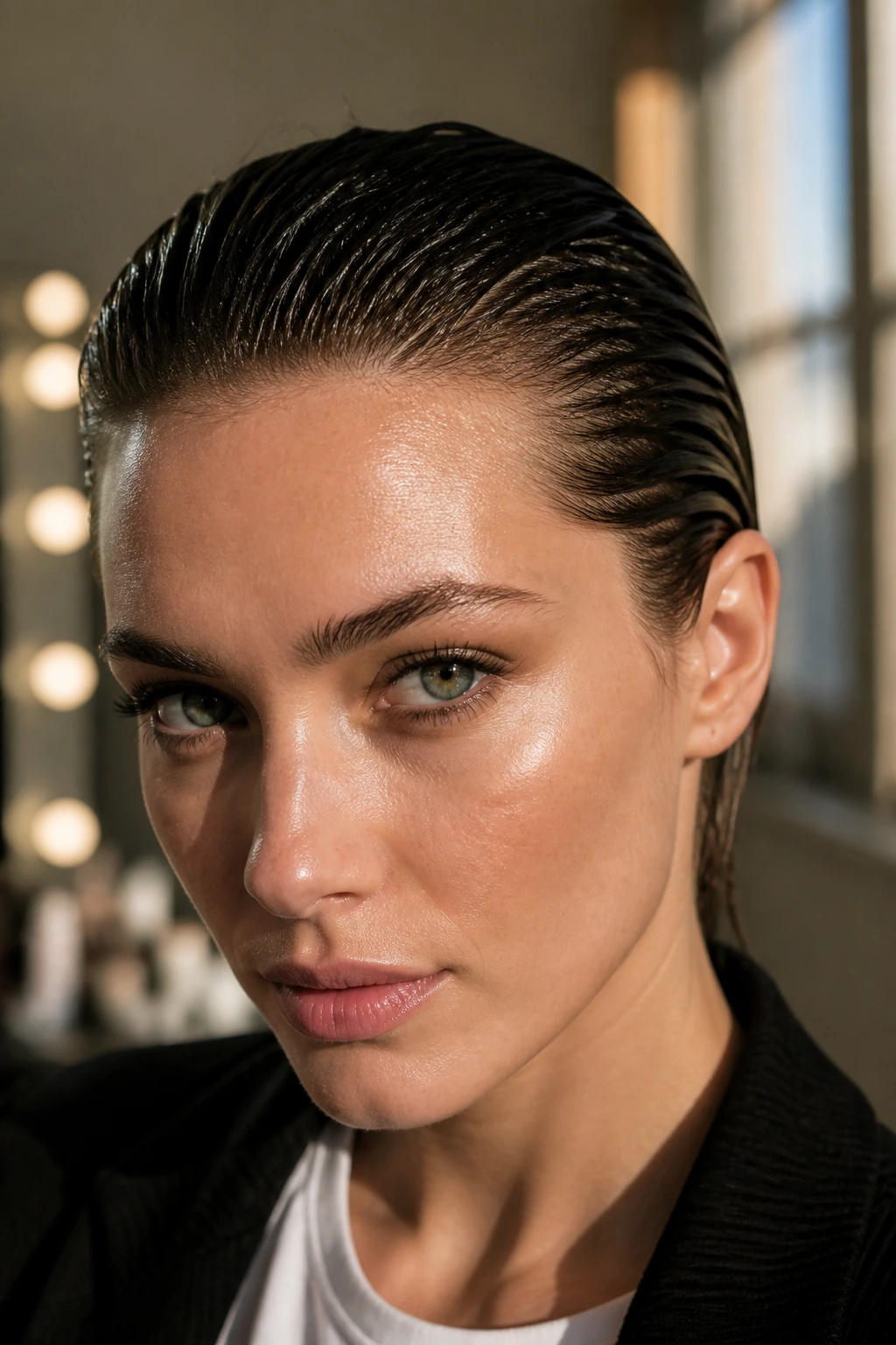 Close-up of a person with a glossy wet-look slicked-back hairstyle