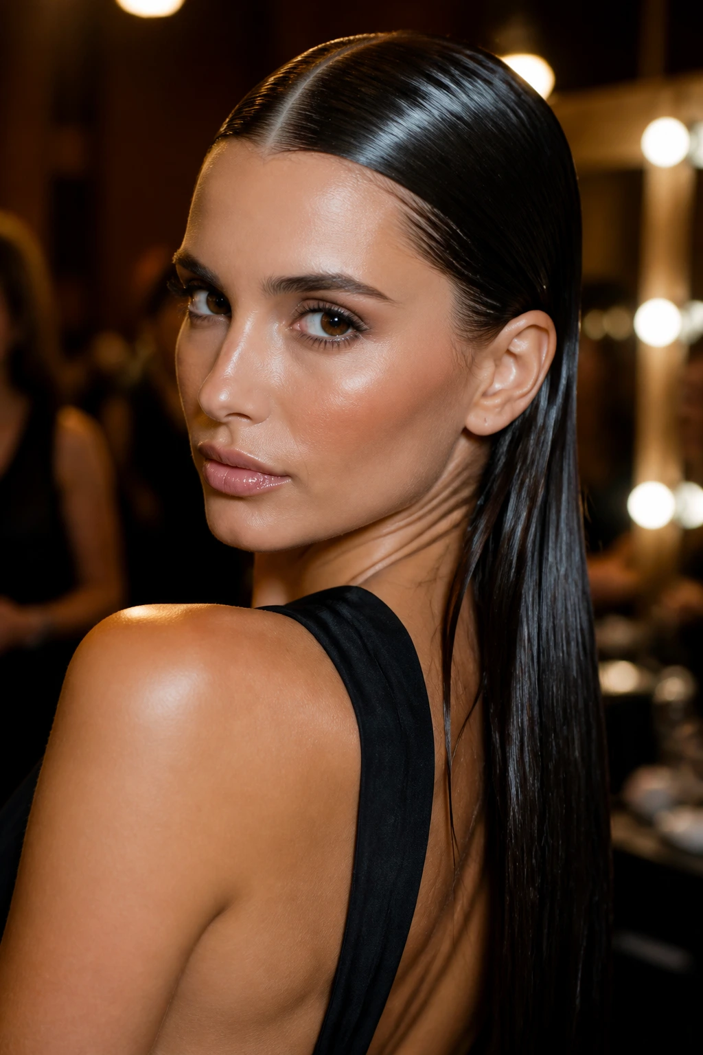 Close-up portrait of a woman with wet-look glossy straight hair at an evening event