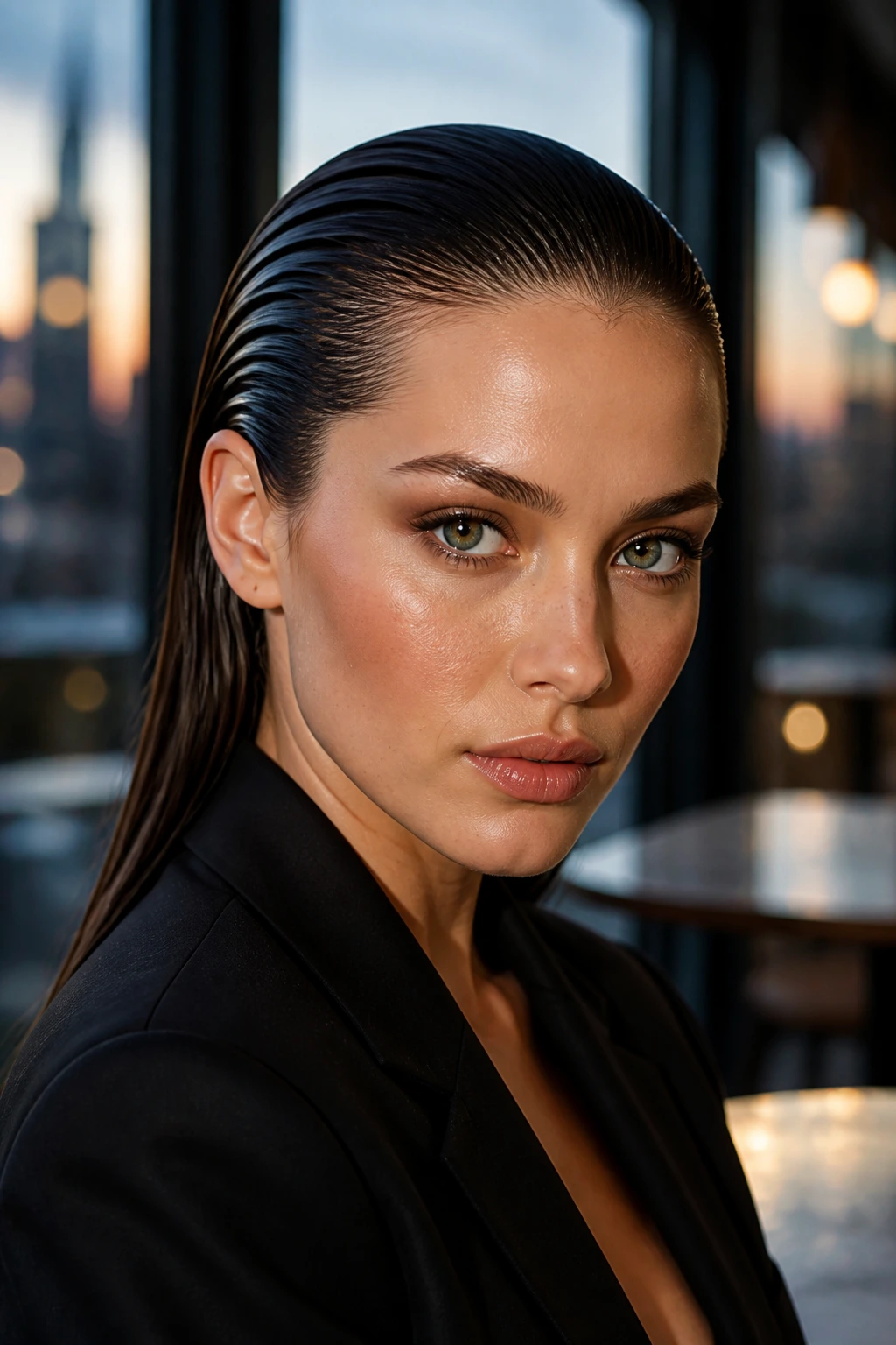 Close-up of a real woman with a glossy wet-look slick-back hairstyle