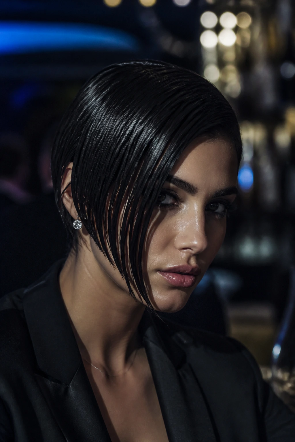 Close-up of a real person with a wet-look slick asymmetrical bob in a nightlife setting