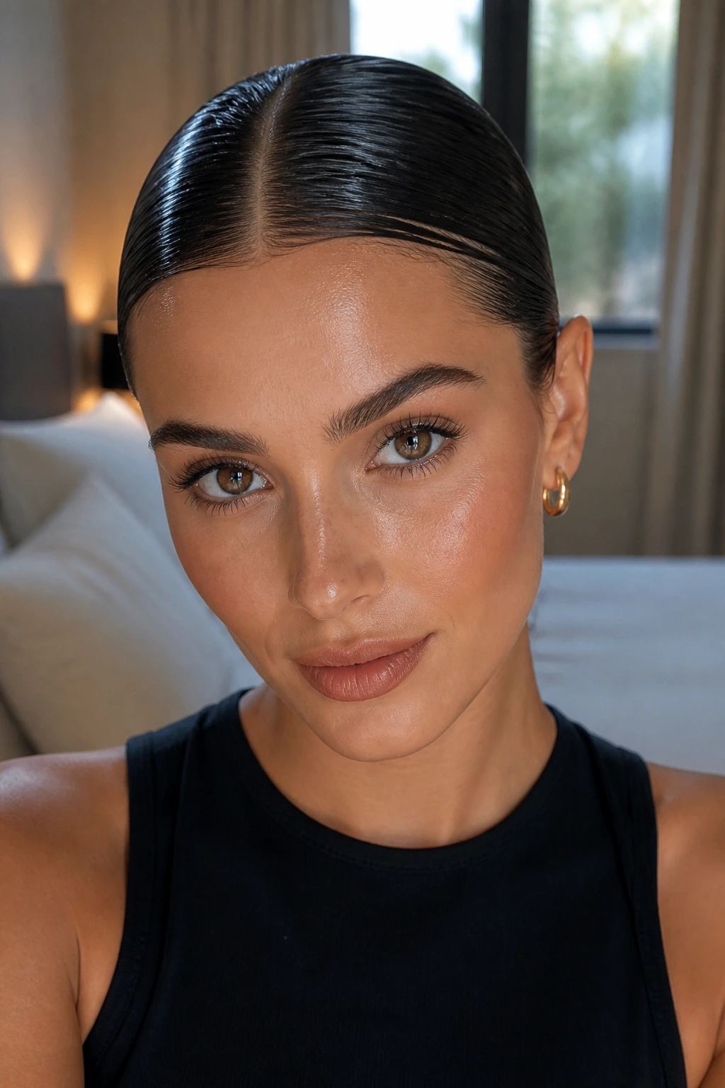 Close-up of a real woman with glossy wet-look hair and crisp center part.