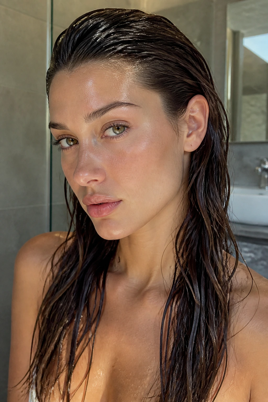 Close-up of a real woman with a wet-look hair and loose length