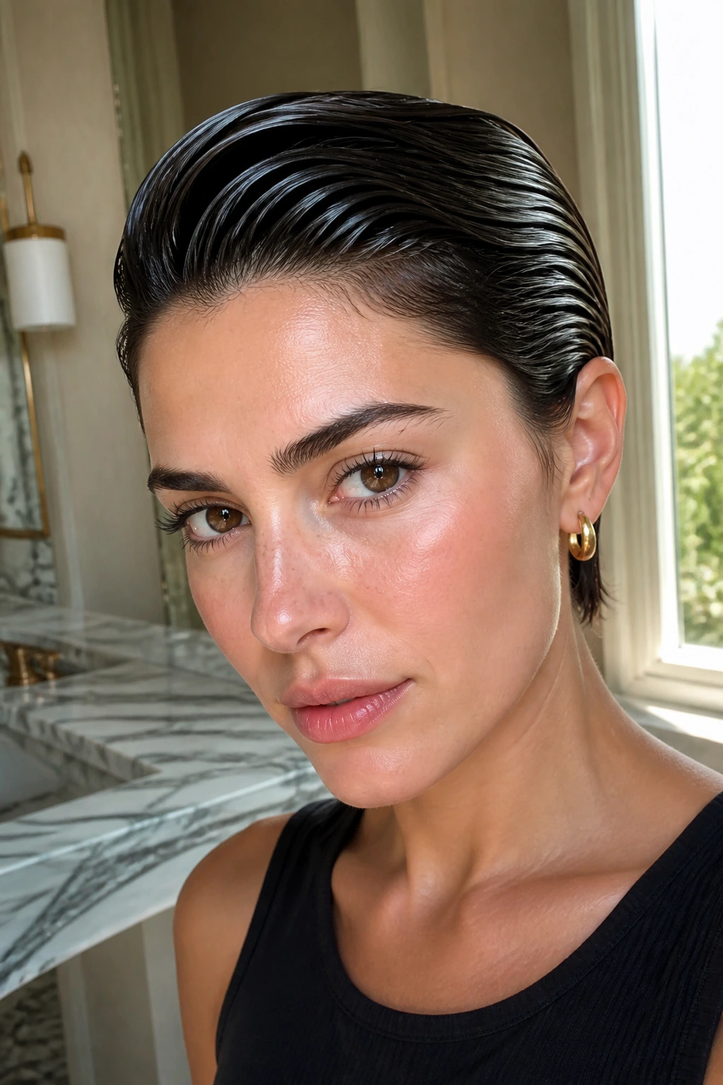 Close-up portrait of a real woman with a glossed wet-look sweep on short hair in a warm bathroom.