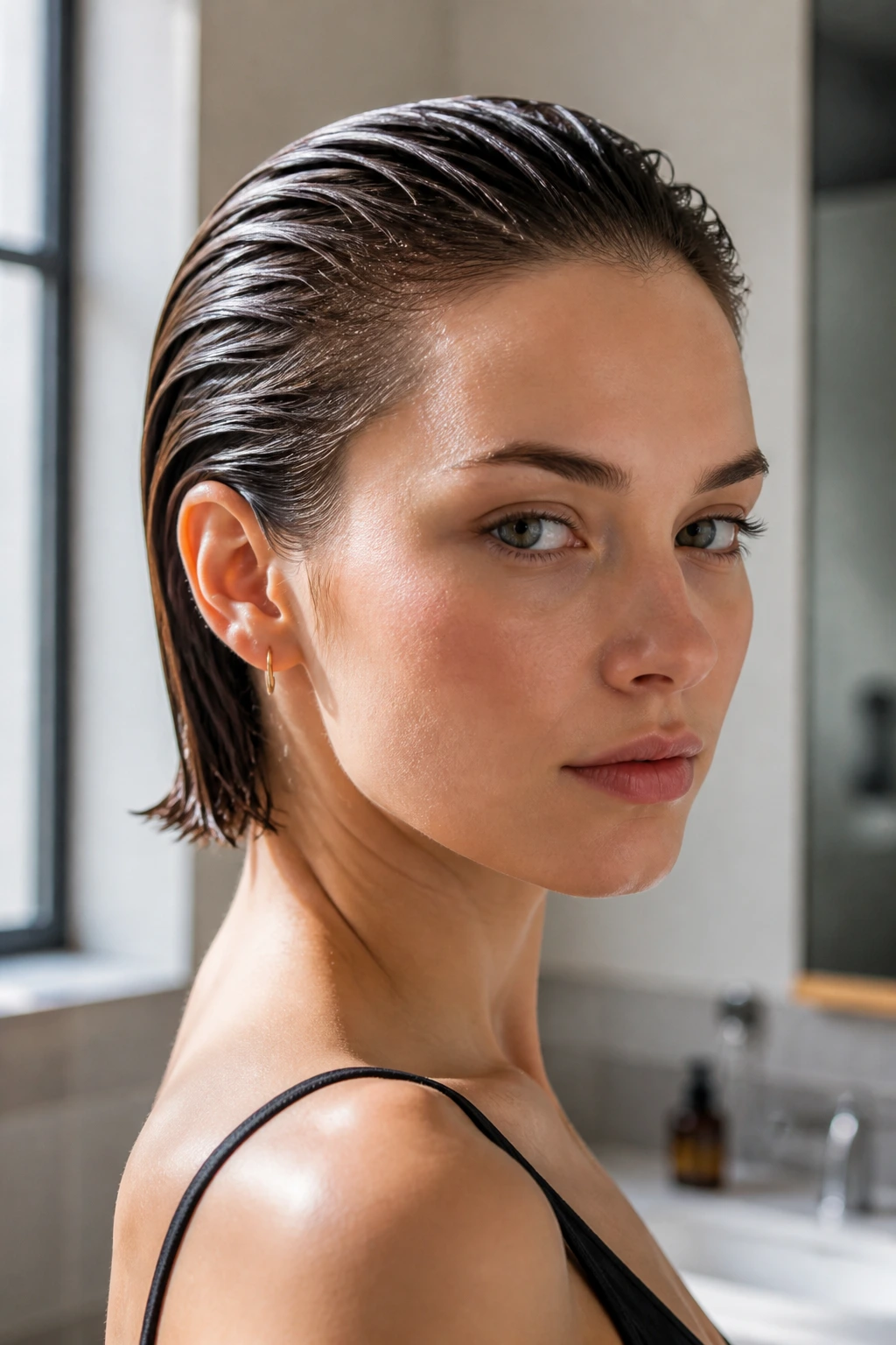 Close-up portrait of a real woman with a wet-look comb-back hairstyle on short hair, glossy and sleek.