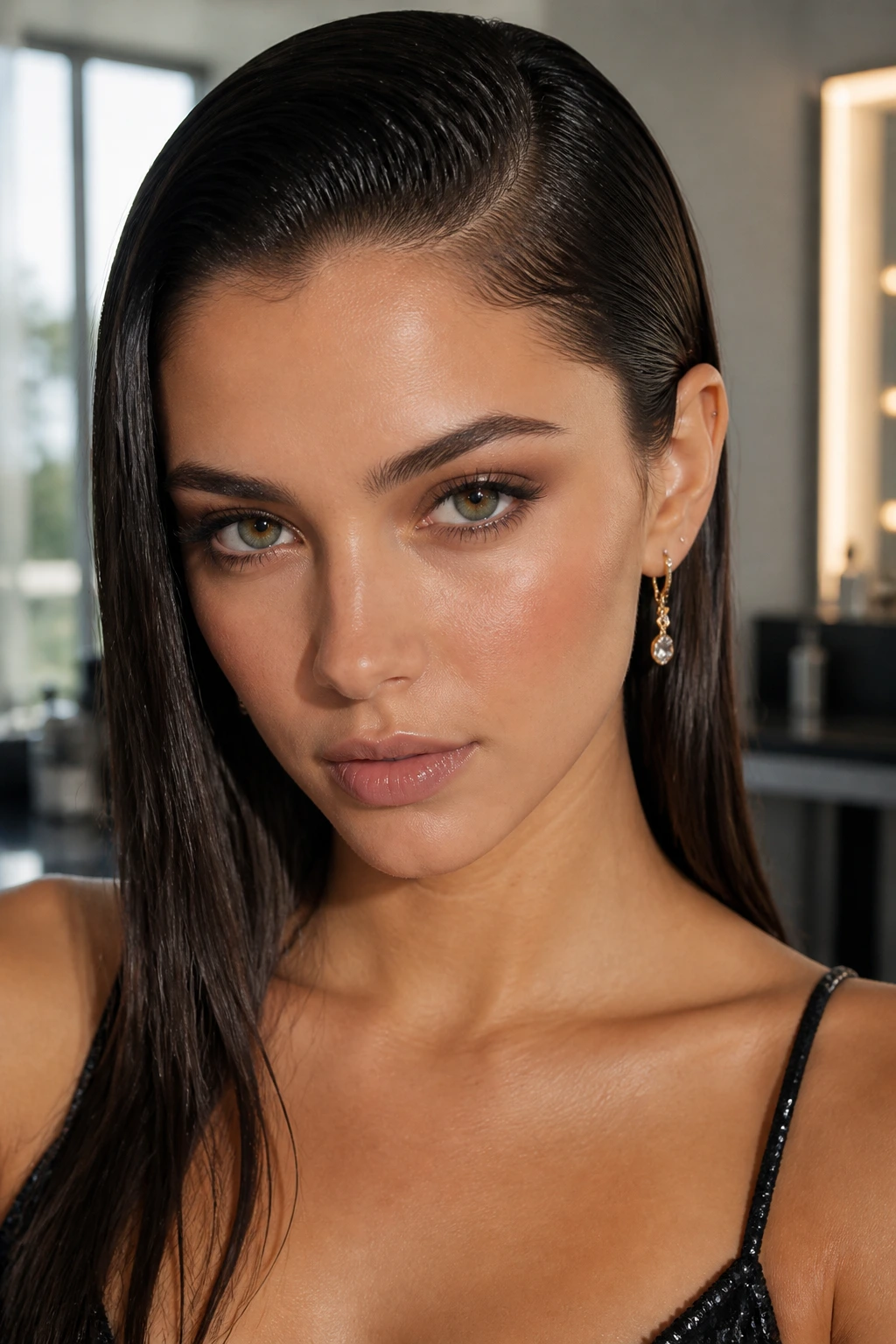 Close-up portrait of a real woman with a sleek wet-look tucked behind one ear