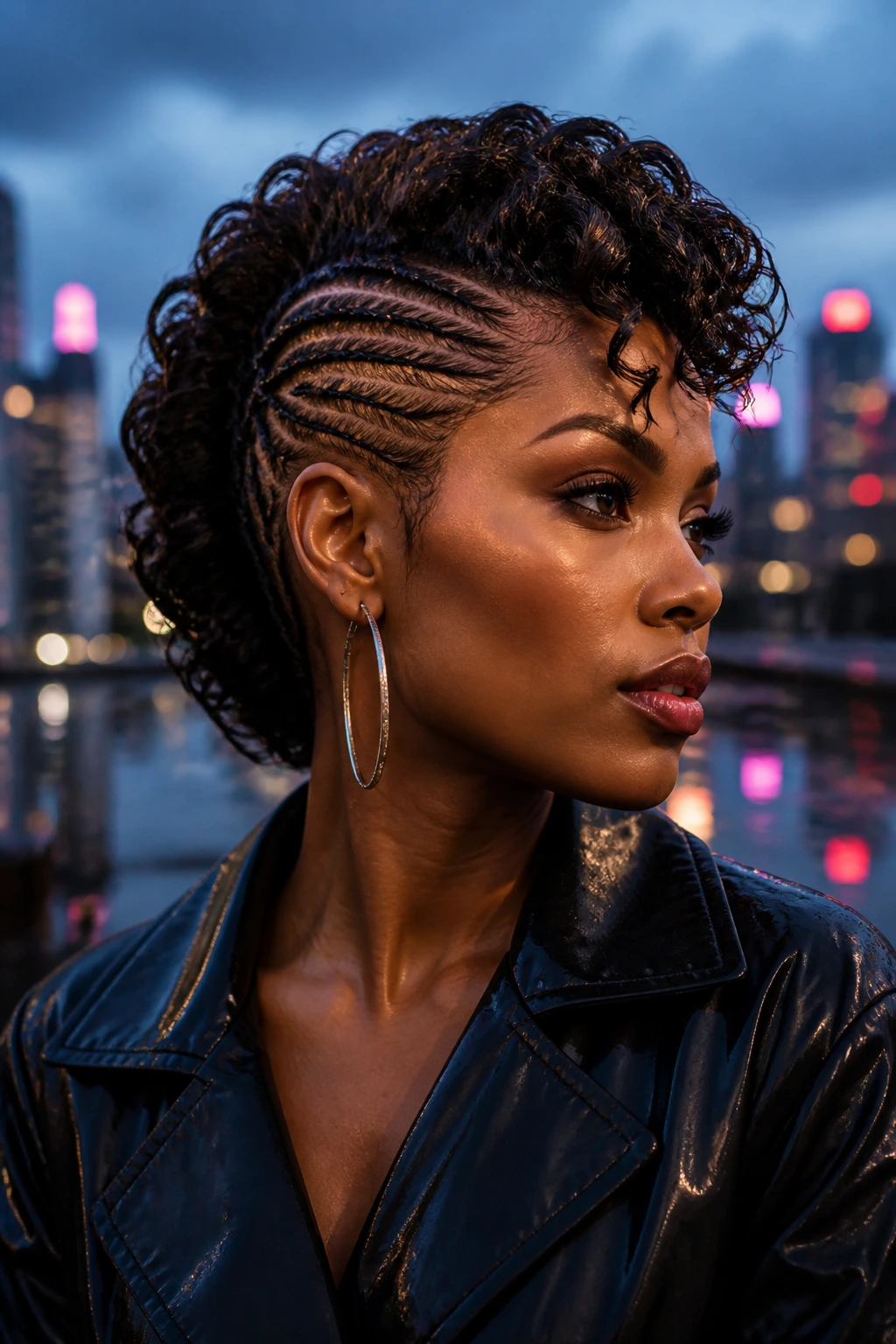 Close-up of a real woman with a glossy wet-look hawk on an urban rooftop at dusk