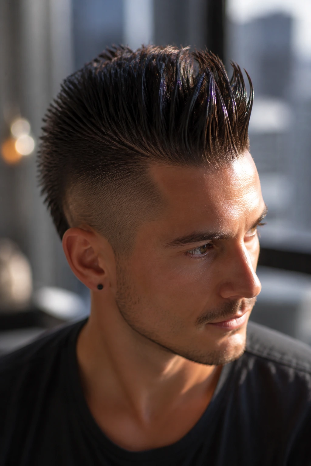 Close-up portrait of a real person with a sleek wet-look hawk hairstyle and glossy shine
