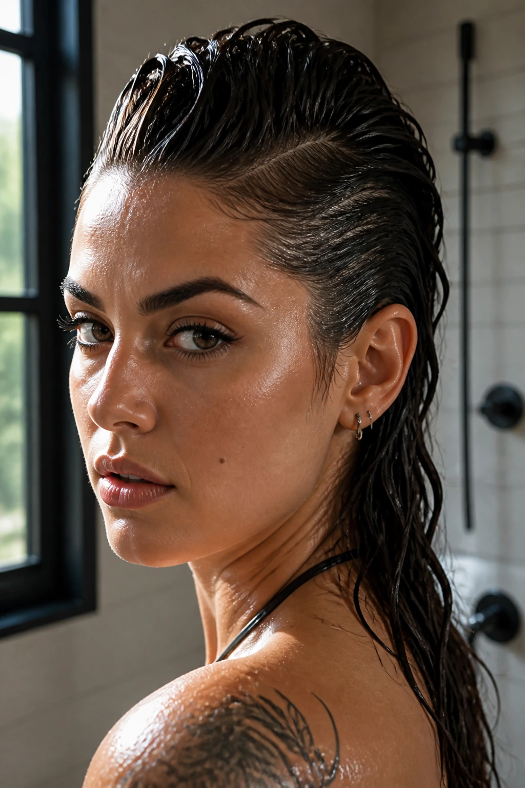 Close-up of Wet-Look Hawk with glossy mohawk on a real woman.