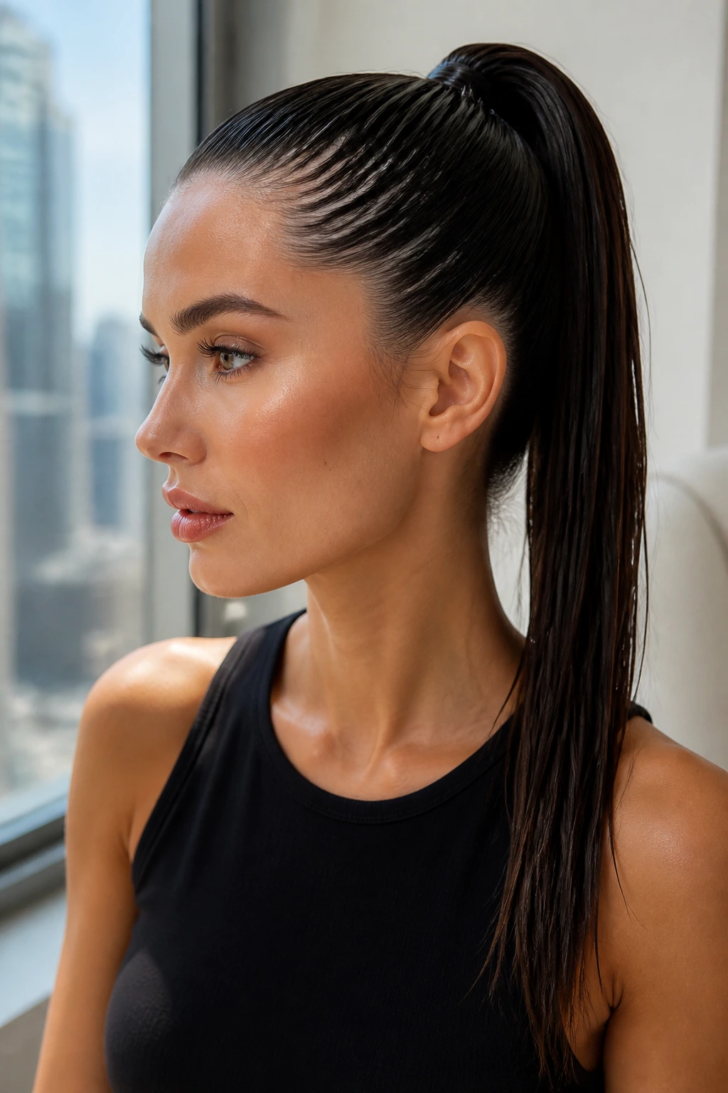 Close-up of a real woman with a wet-look high ponytail under daylight