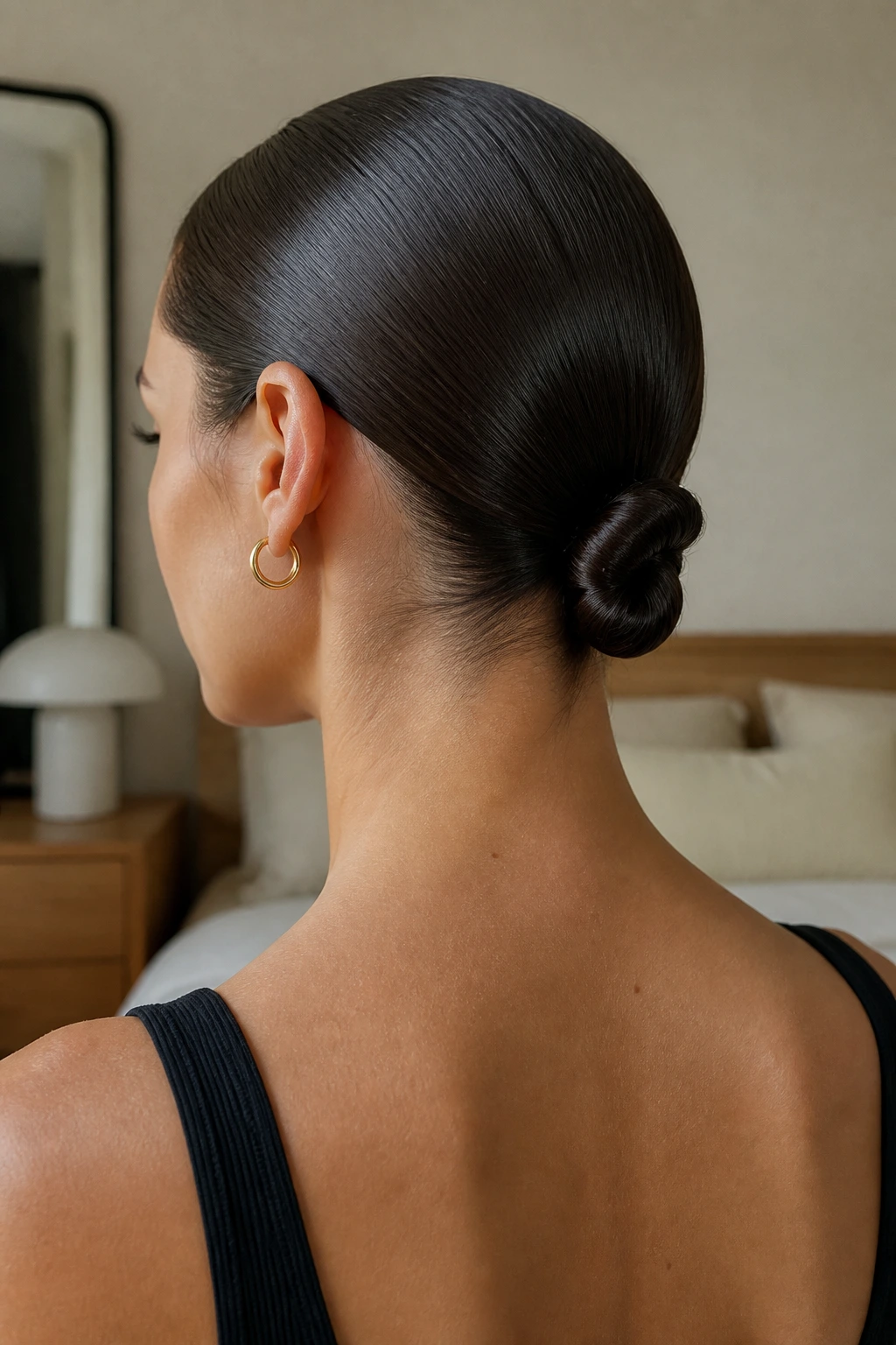 Close-up of a real woman with a wet-look slick knot at the nape.